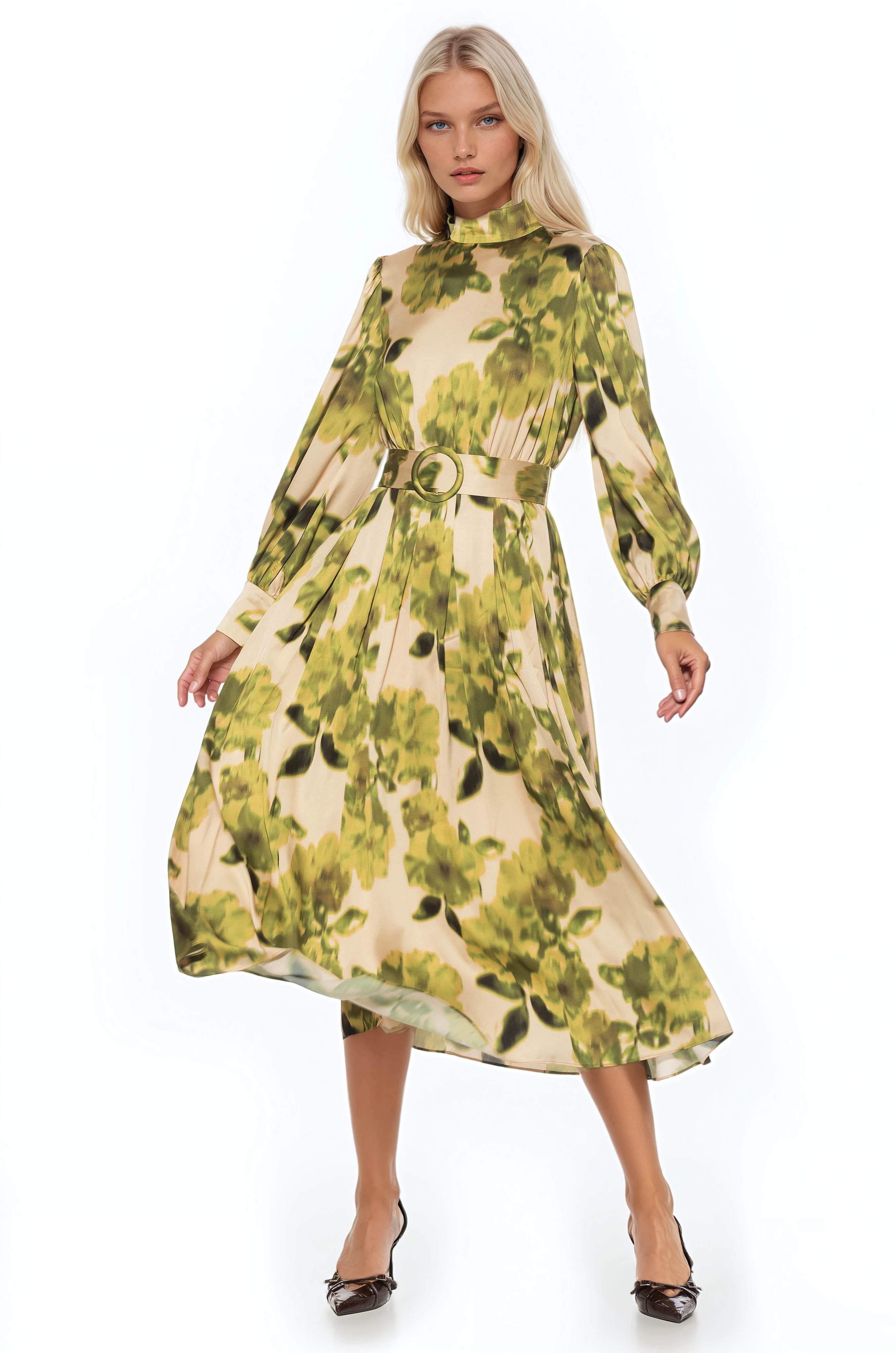 Back view green floral maxi dress, long sleeve, blouson sleeves with wide cuffs, belted.