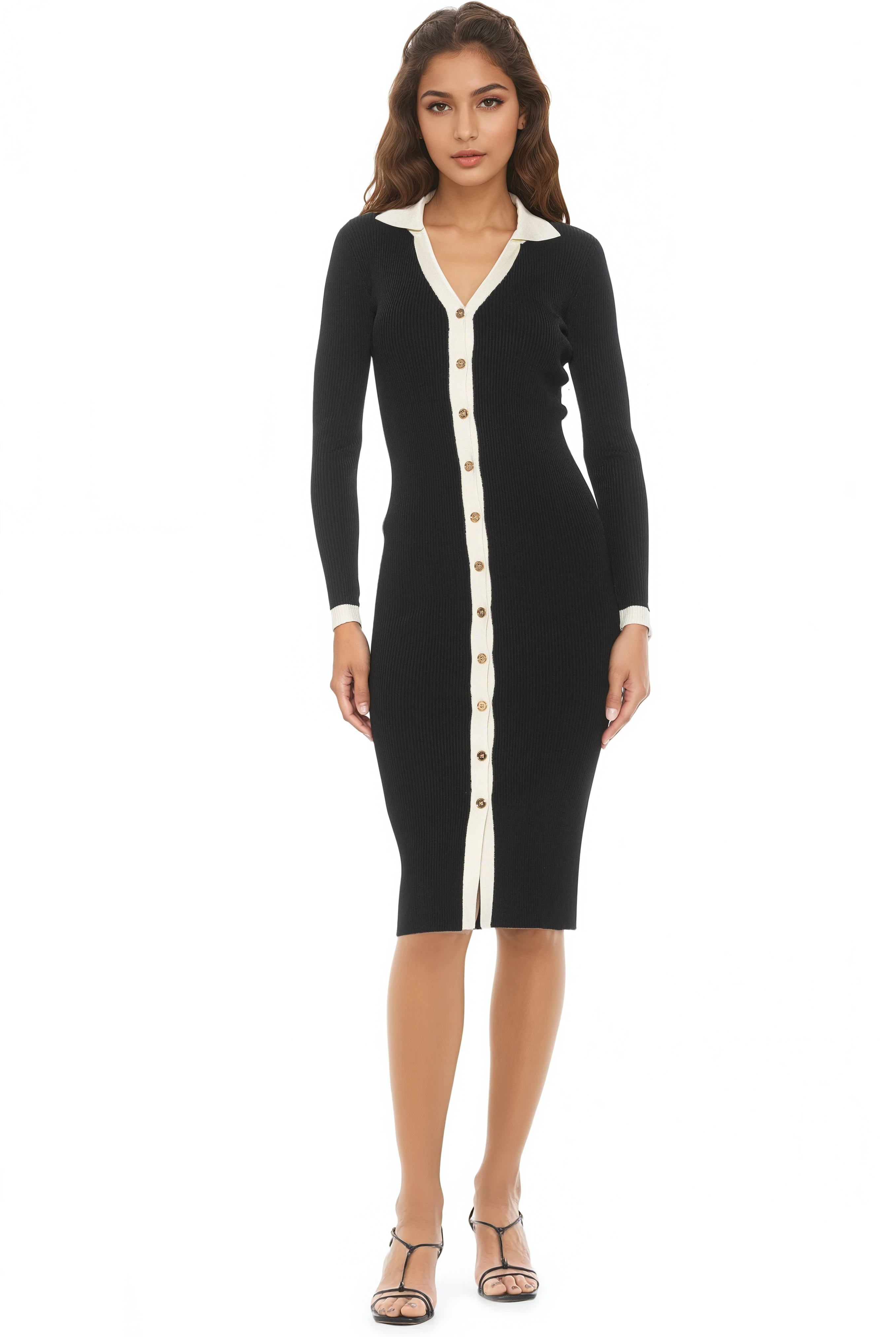 Front view black knit midi dress, long sleeves, v-neck with collar, gold button front, ivory contract details.