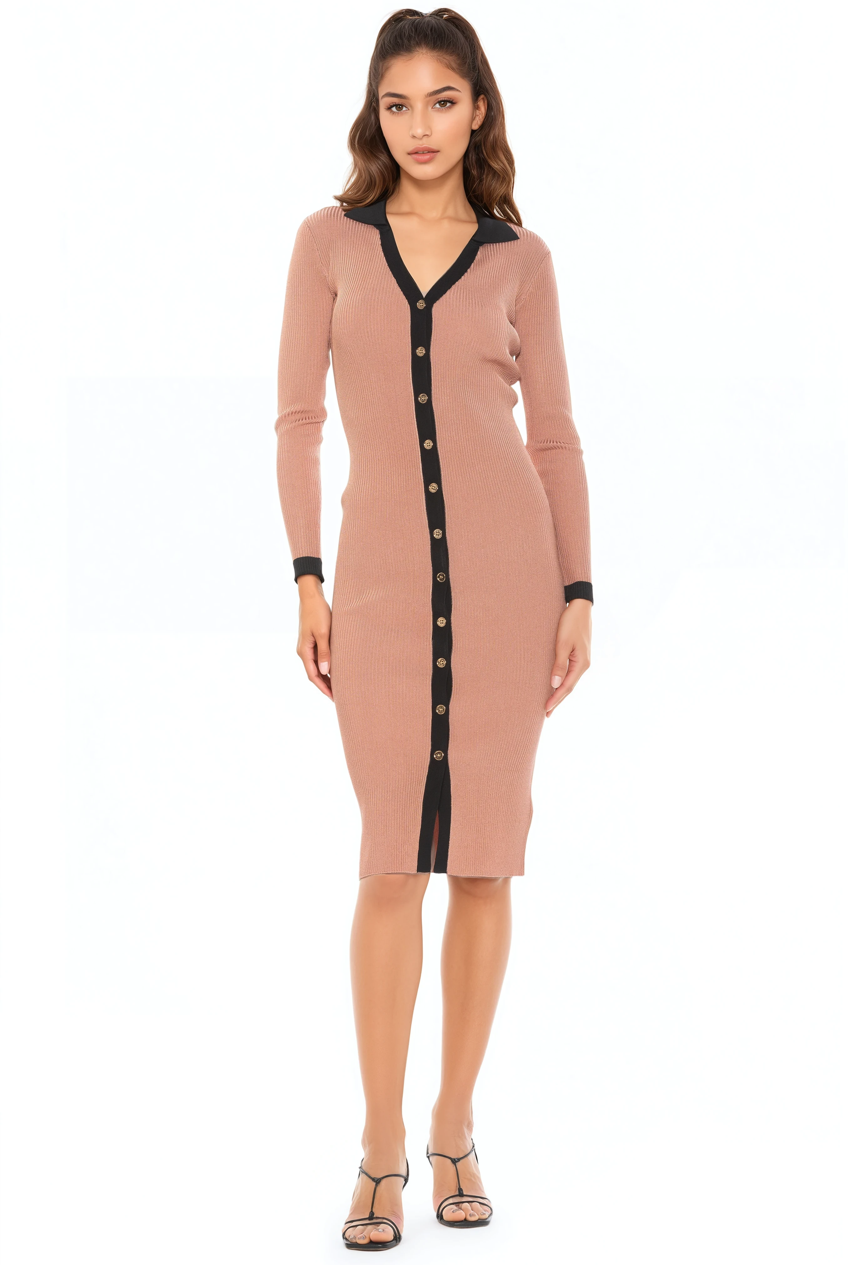 Front view camel knit midi dress, long sleeves, v-neck with collar, gold button front, black contract details.
