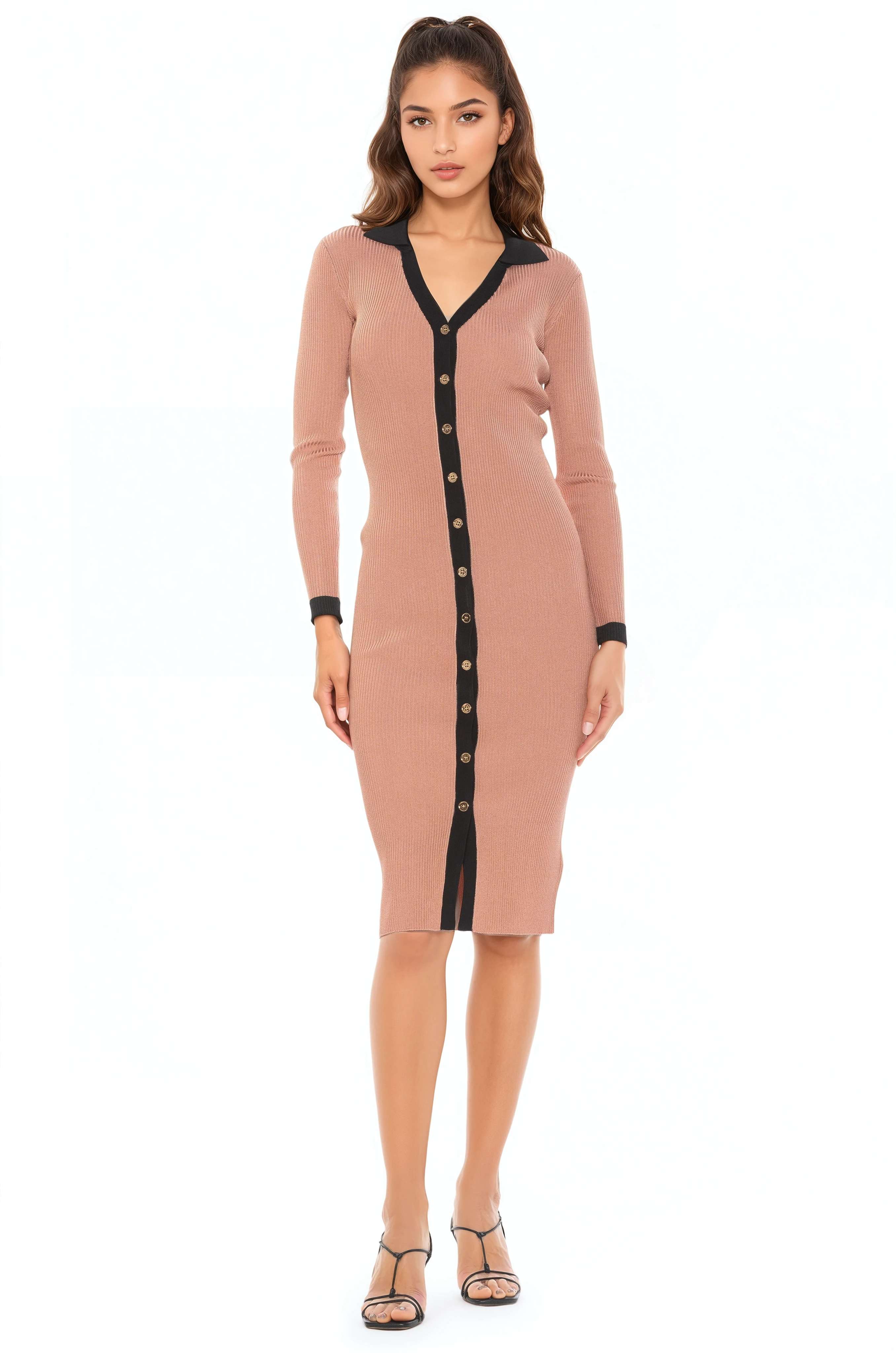 Front view camel knit midi dress, long sleeves, v-neck with collar, gold button front, black contract details.