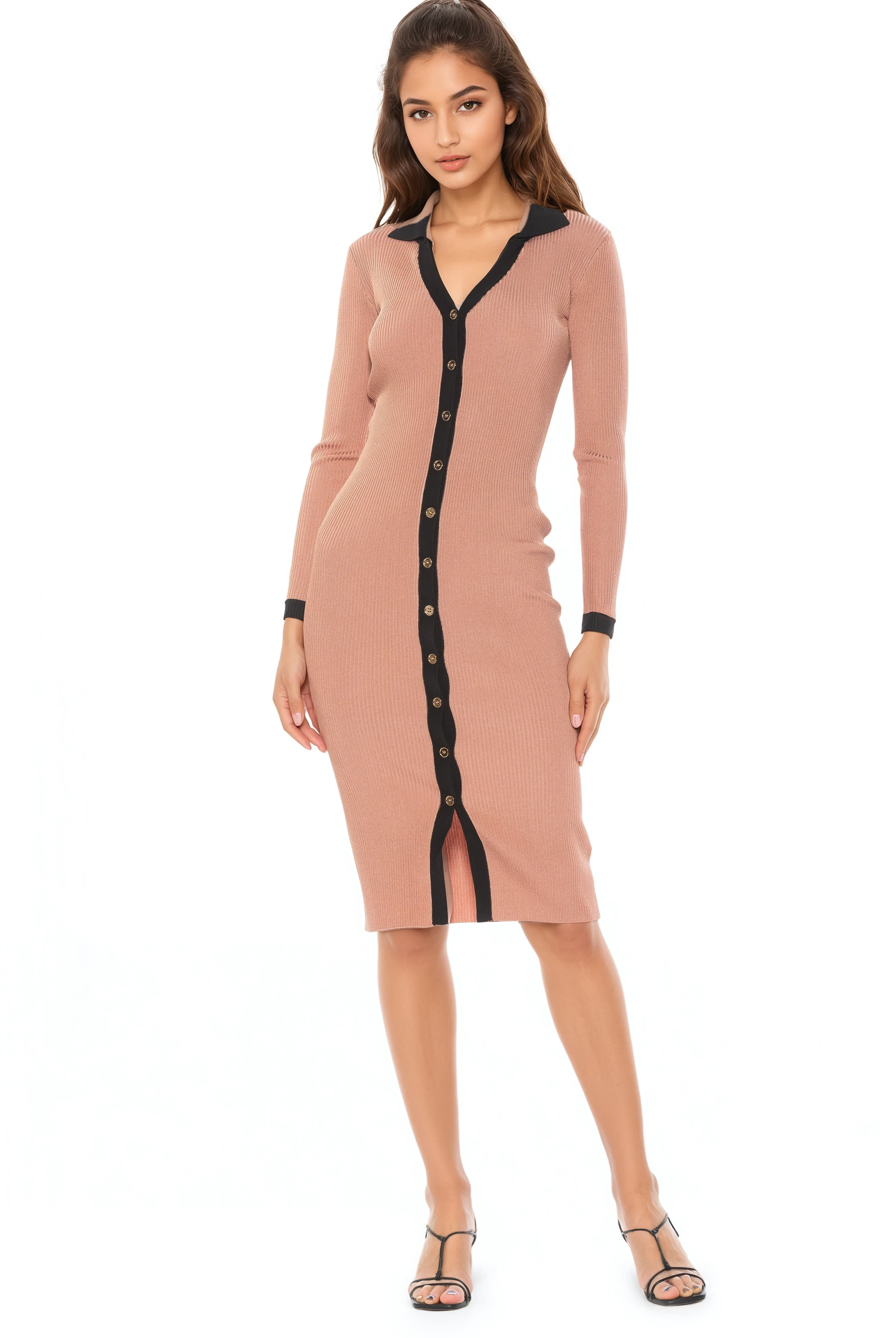 Front view camel knit midi dress, long sleeves, v-neck with collar, gold button front, black contract details.