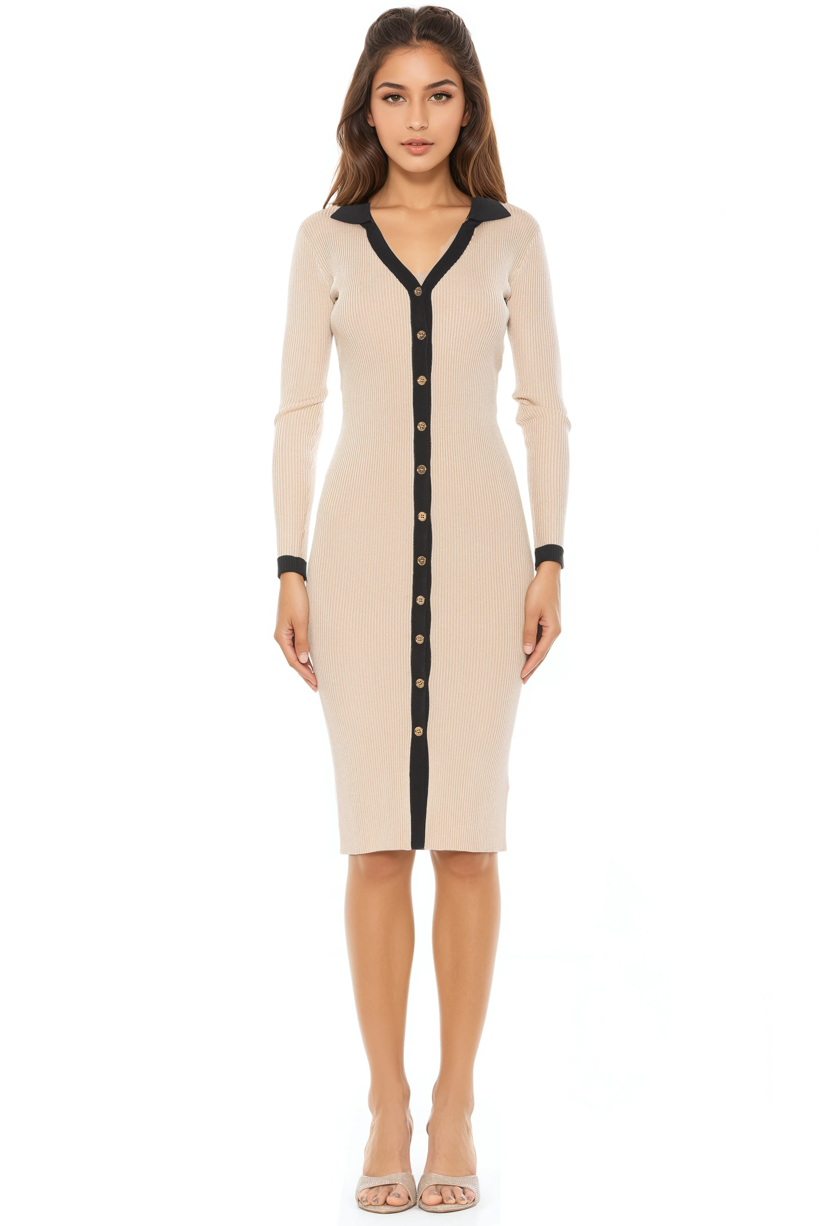 Front view ivory knit midi dress, long sleeves, v-neck with collar, gold button front, black contract details.