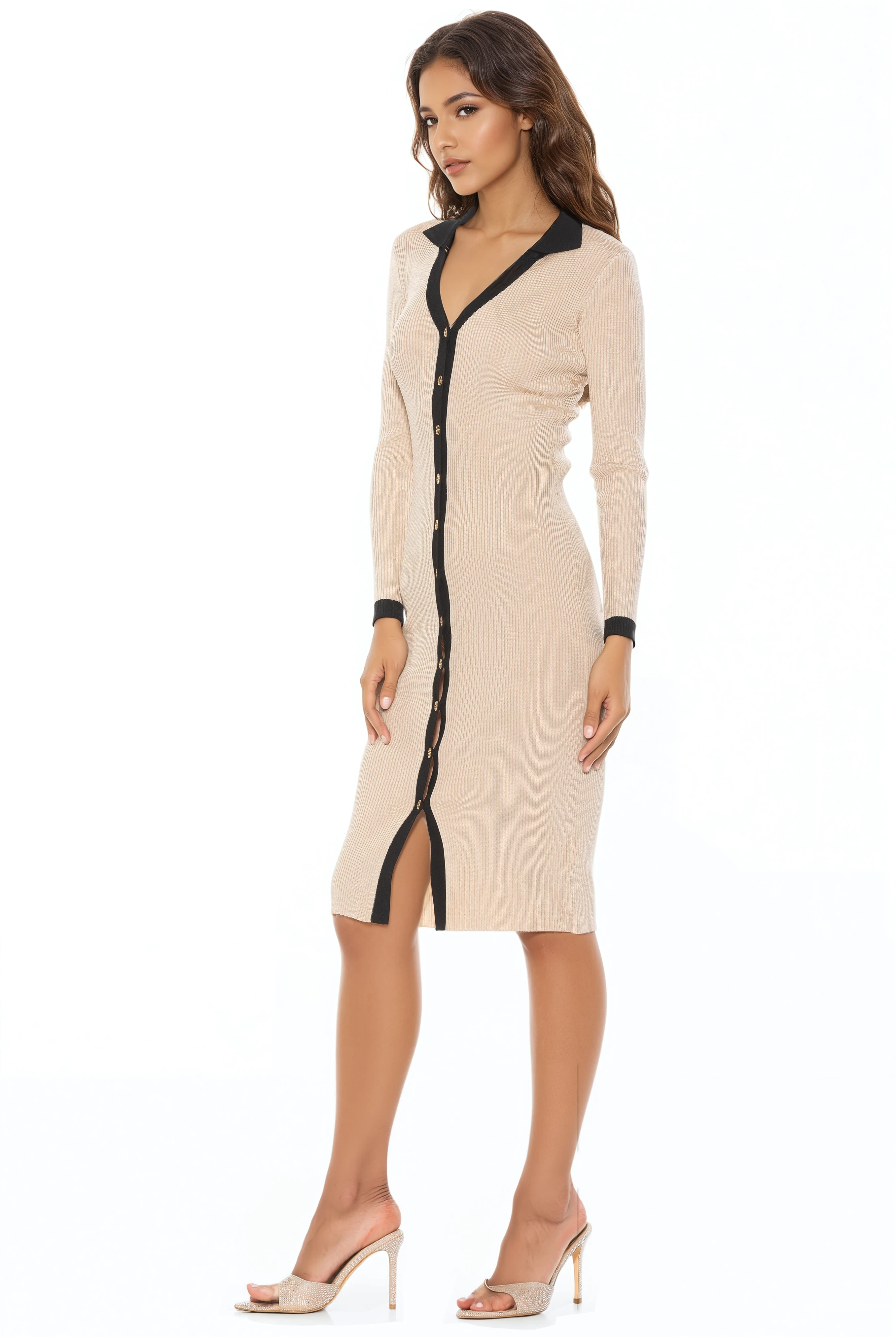Side view ivory knit midi dress, long sleeves, v-neck with collar, gold button front, black contract details.