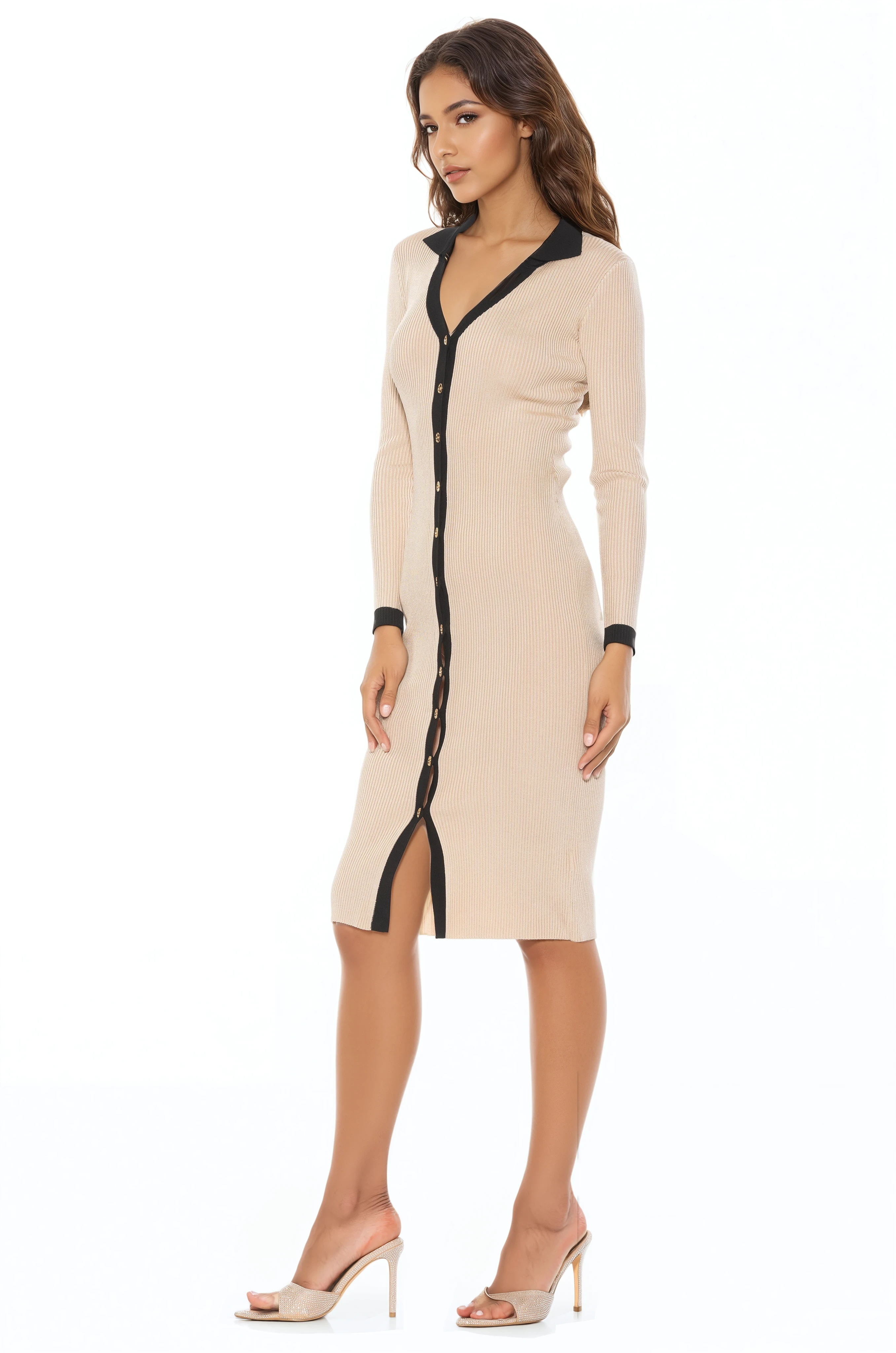 Side view ivory knit midi dress, long sleeves, v-neck with collar, gold button front, black contract details.