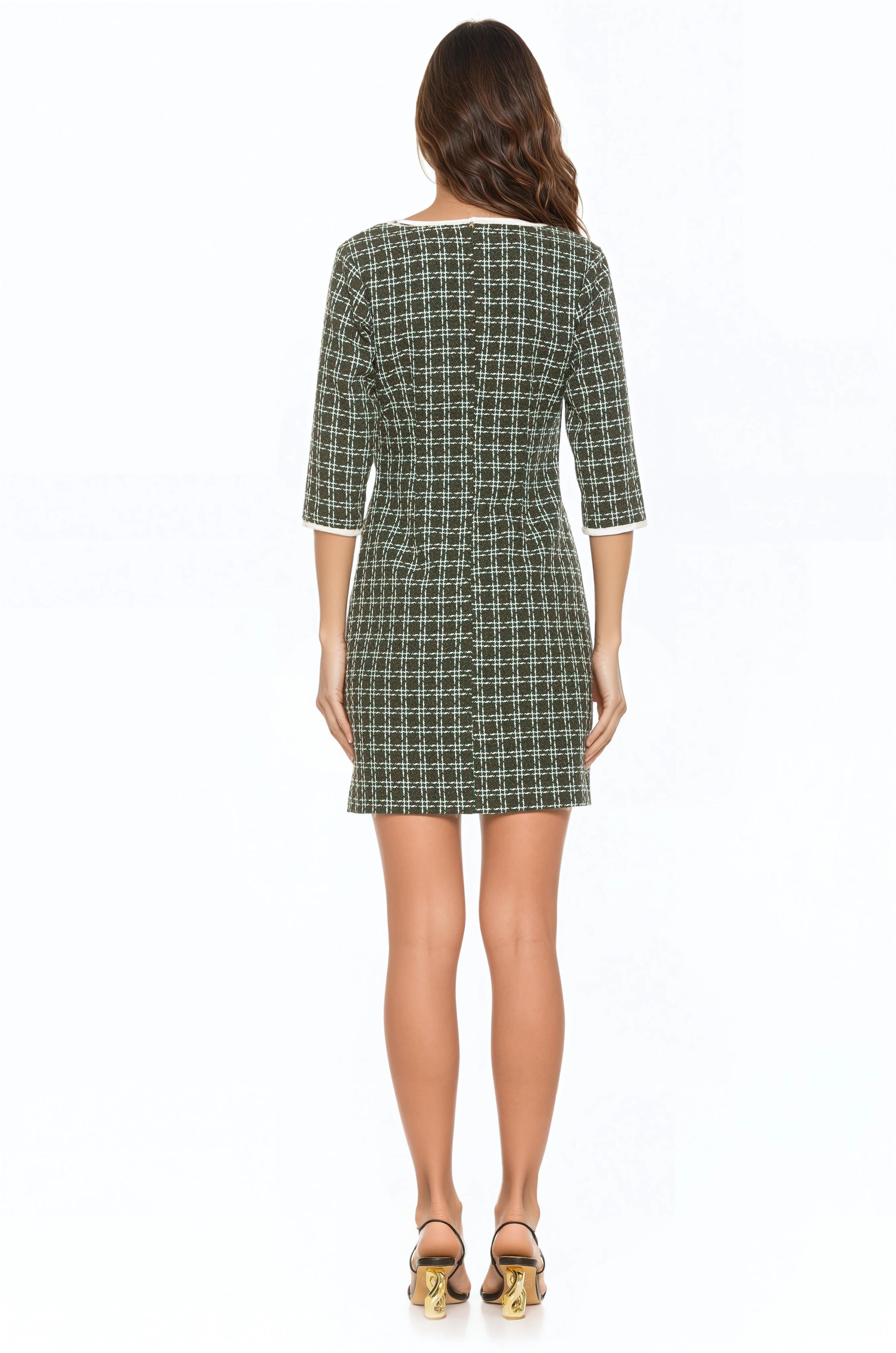 Back view green plaid mini dress, scoop neck, 3/4 sleeve, contrast ivory binding and back zip.