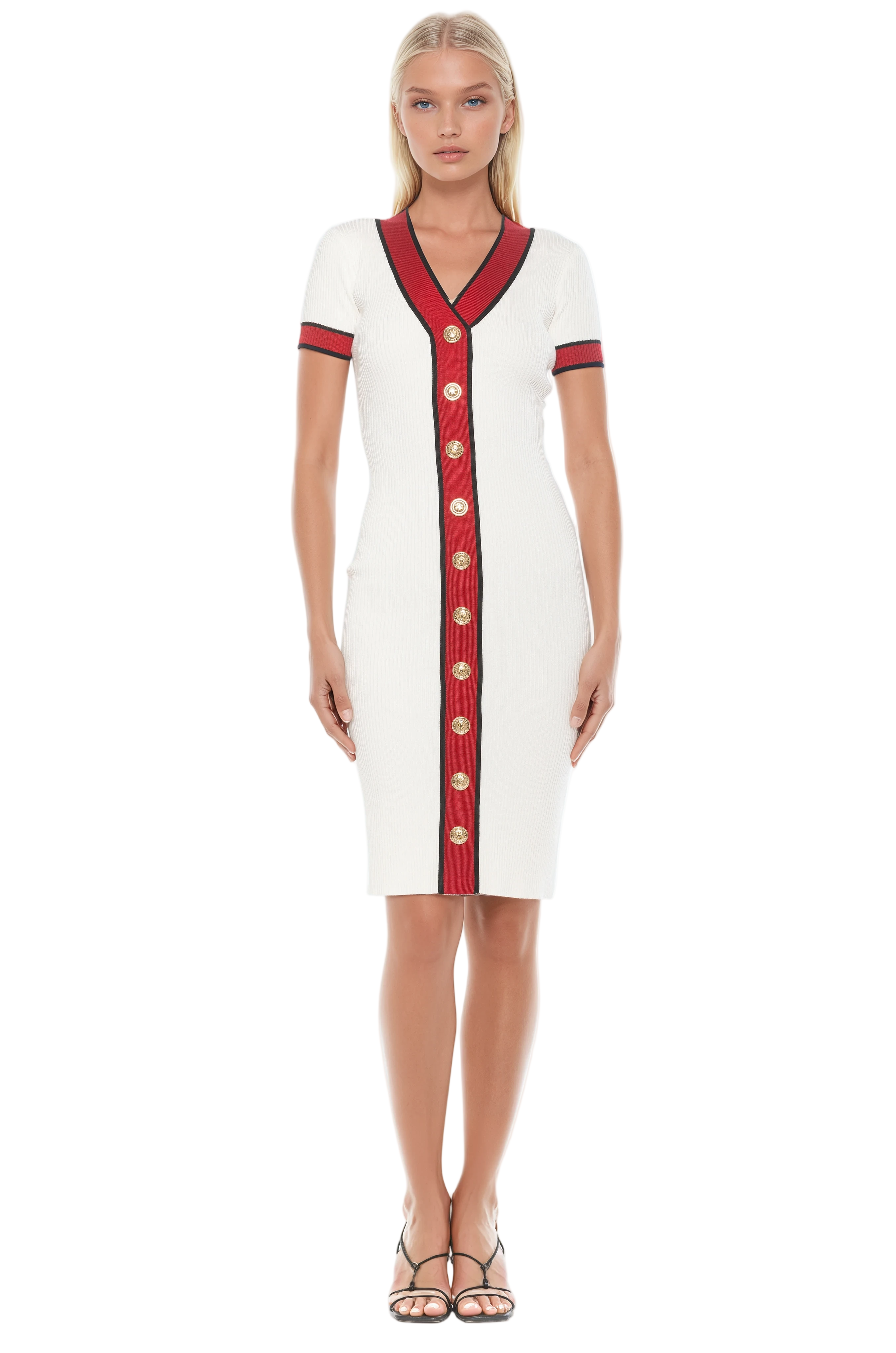 Front view ivory v-neck knit dress, short sleeve, contrast red and navy trim with gold button detailing.