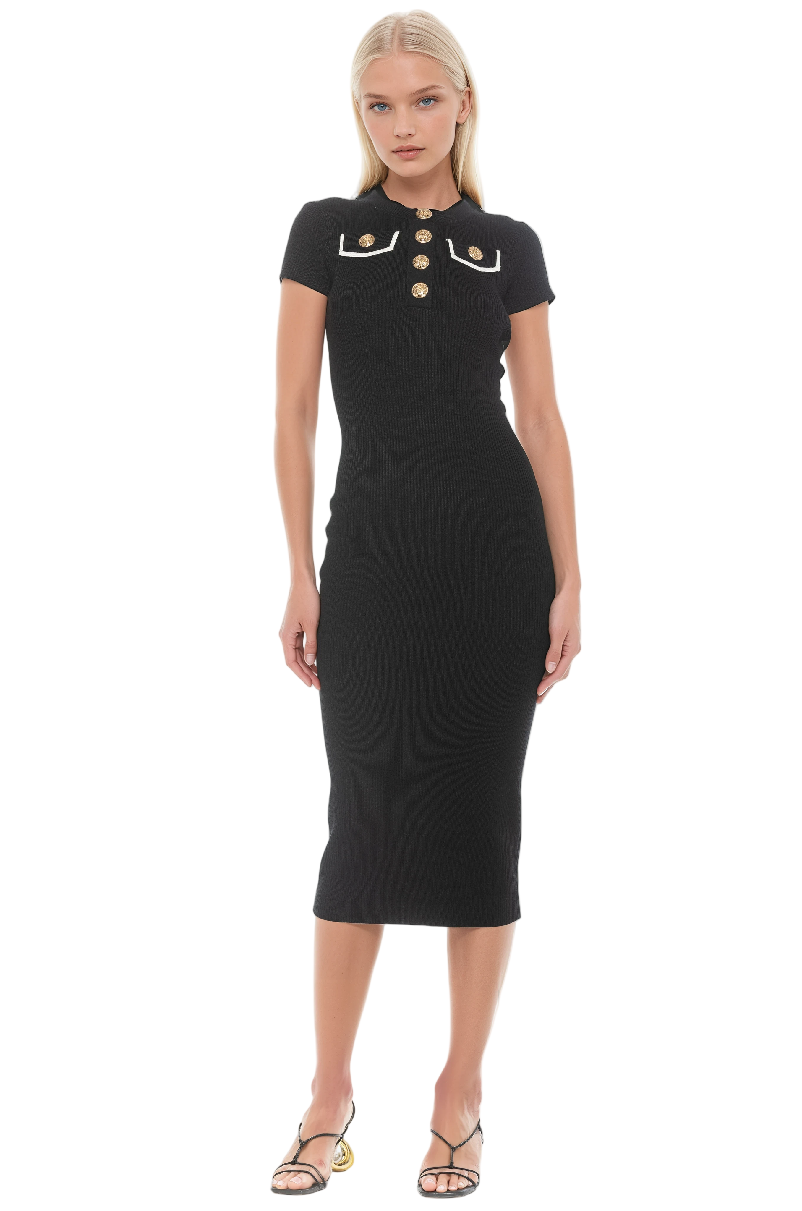 Front view black rib knit midi dress, short sleeves, crew neck, gold button, and ivory contract detail.