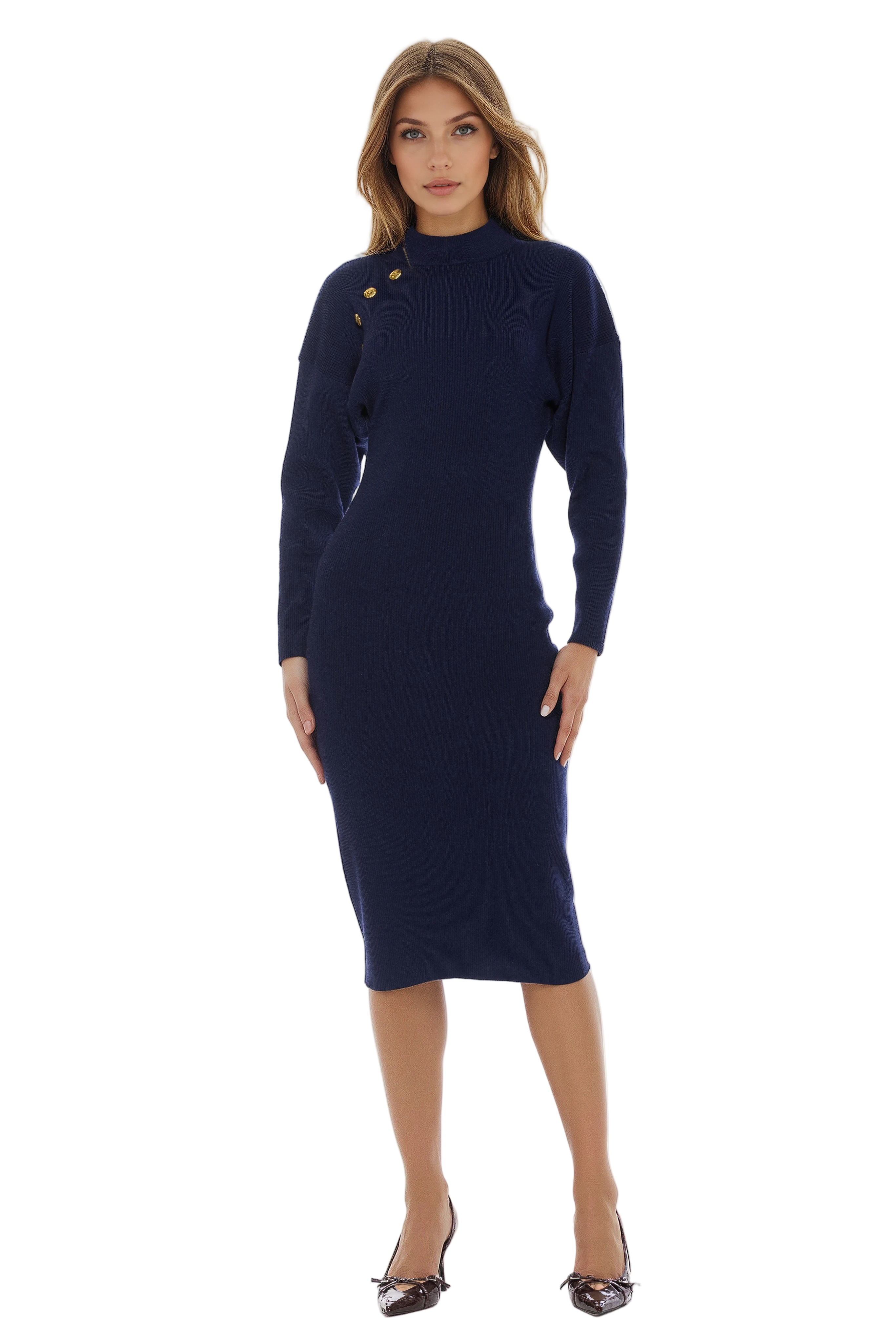 Front view navy midi dress, slim fit long dolman sleeves with gold buttons at armhole, mock neck.