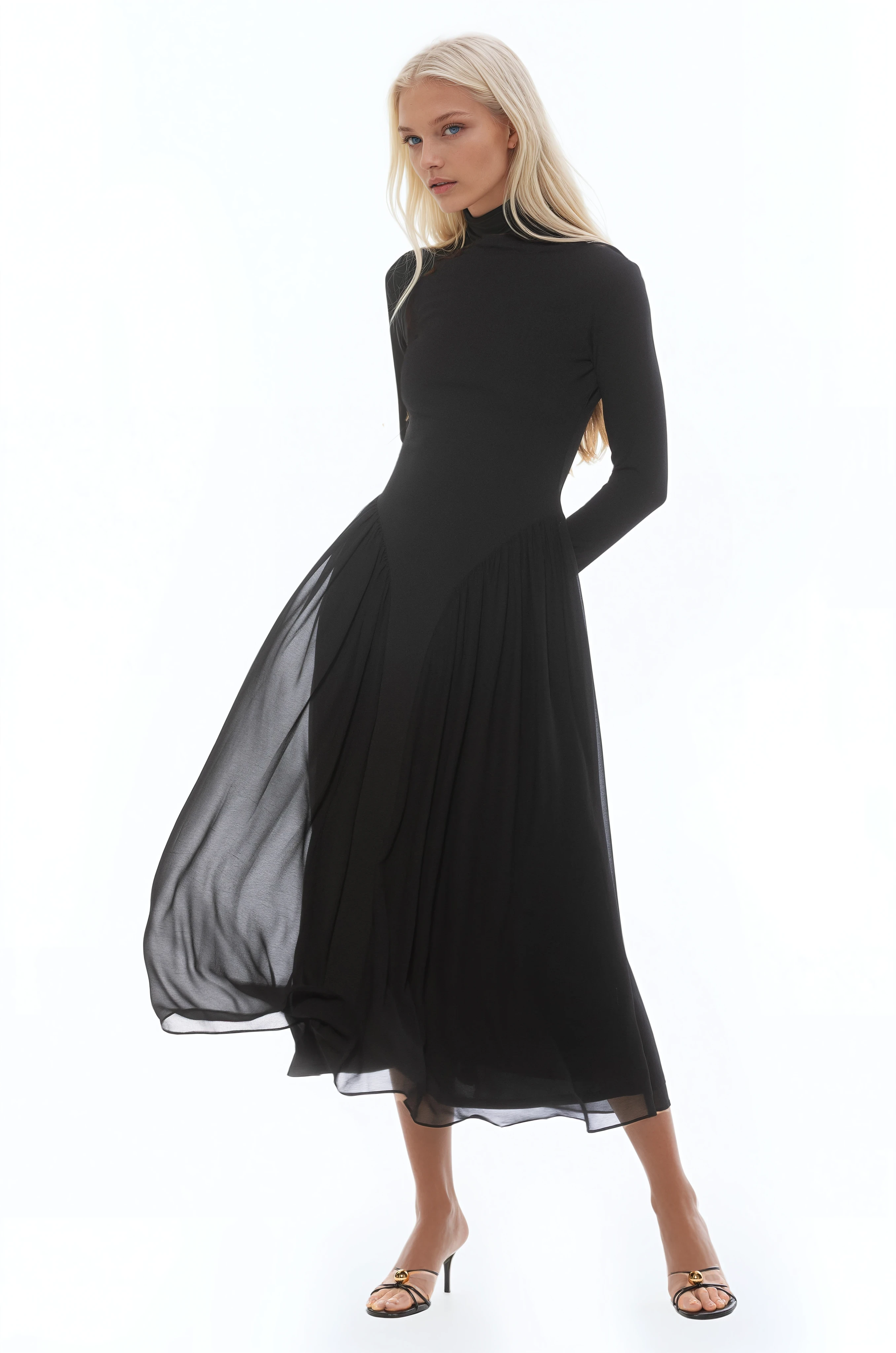 Front view black long sleeve midi dress sheered drop waist detail, mock neck.