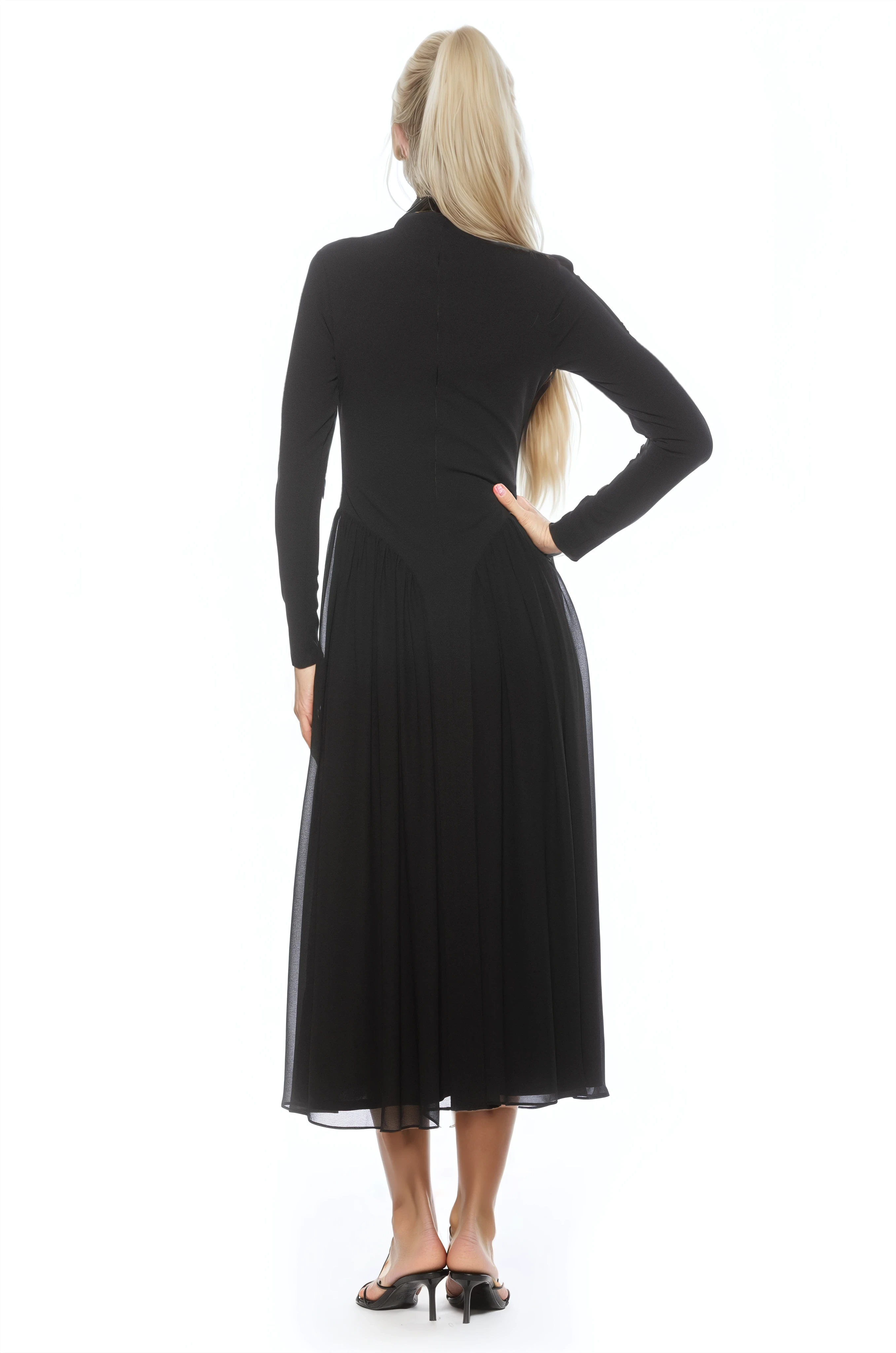 Back view black long sleeve midi dress sheered drop waist detail, mock neck.