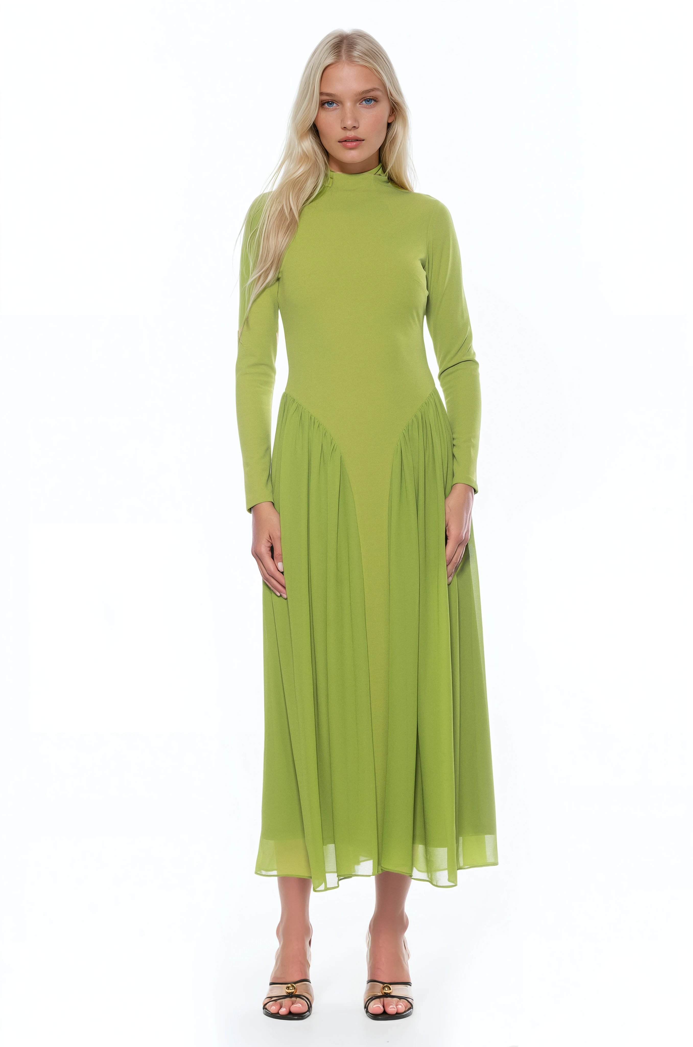 Front view green long sleeve midi dress sheered drop waist detail, mock neck.