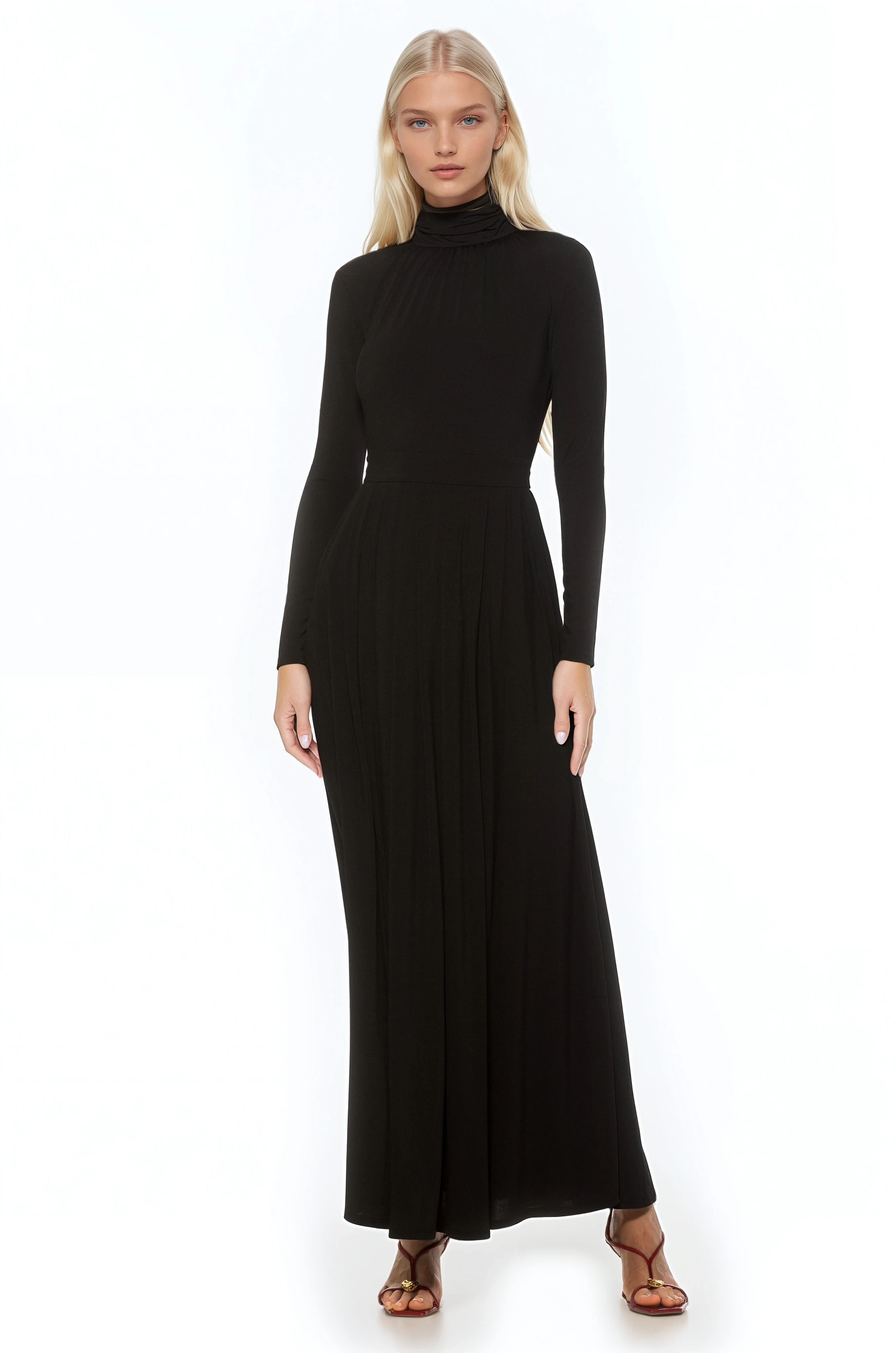 Front view black long sleeve maxi dress, mock neck, pleated skirt.