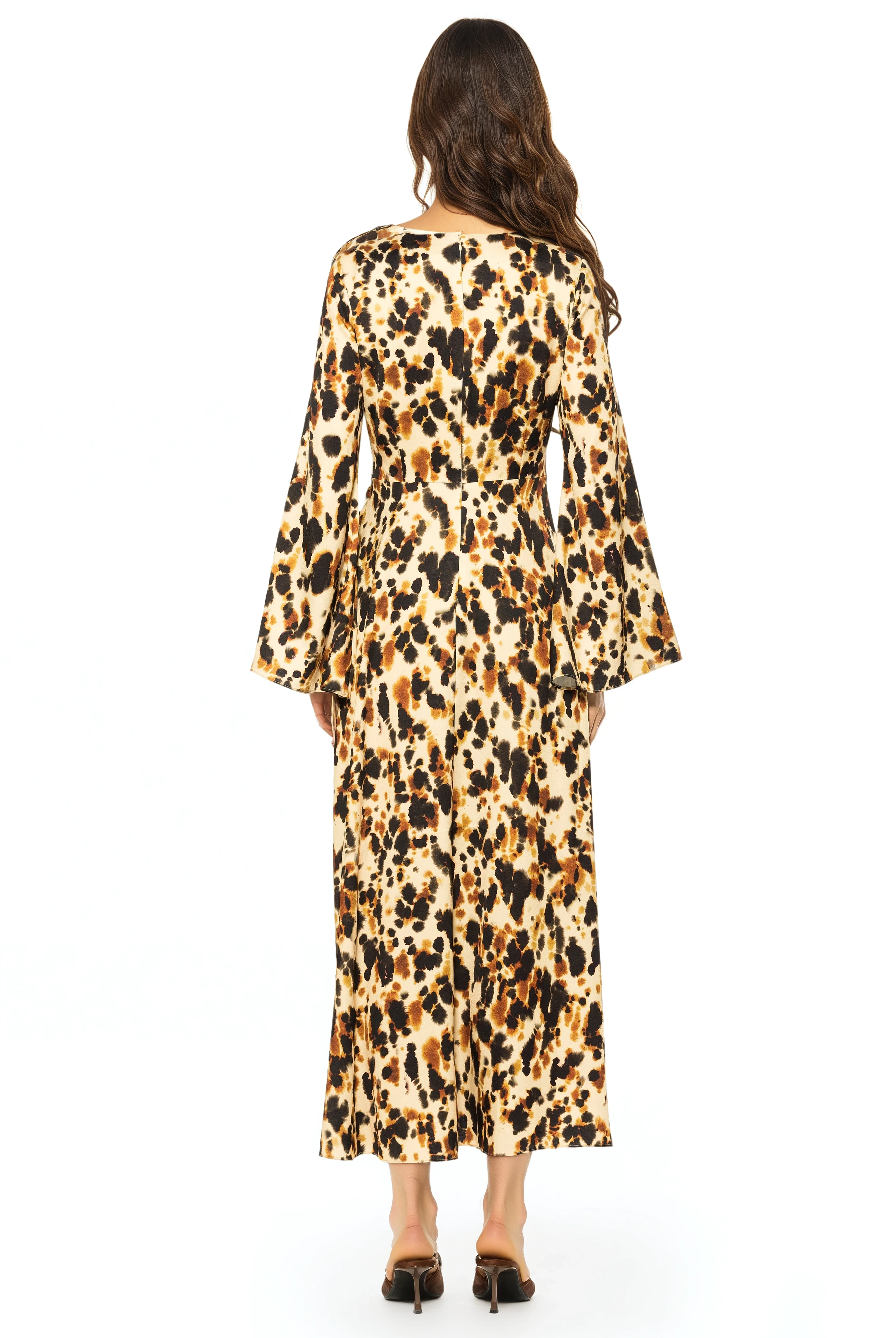 Back view abstract leopard print maxi wrap dress, v-neck and flared sleeves.