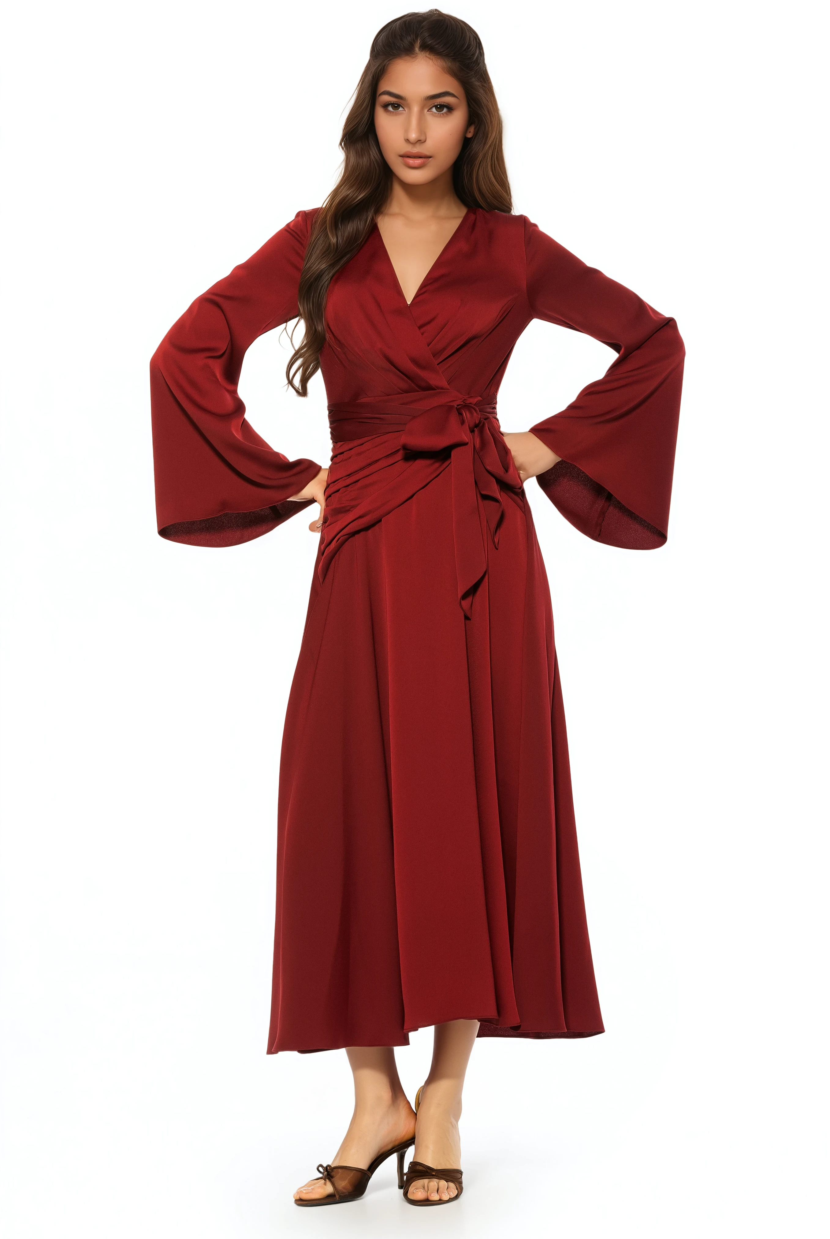 Front view burgundy maxi wrap dress, v-neck and flared sleeves.