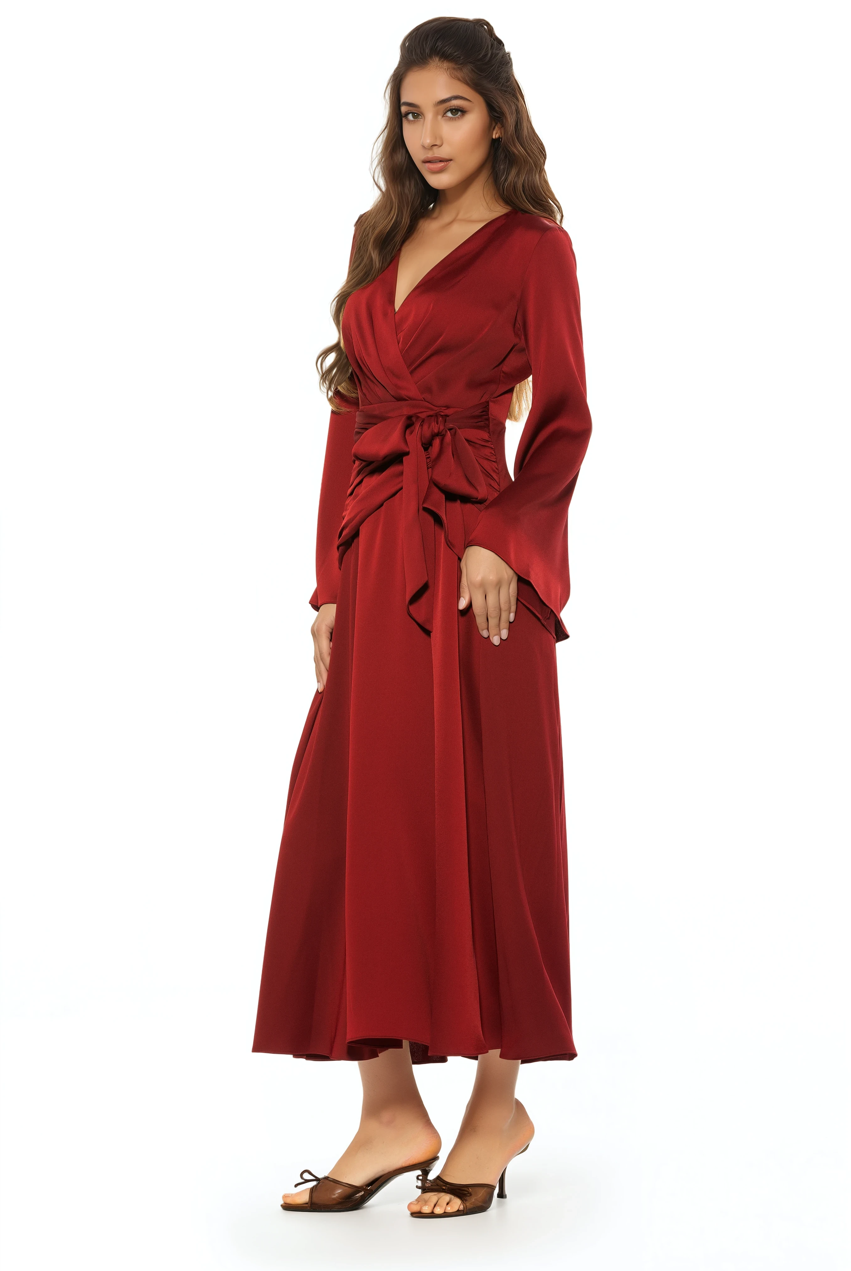 Side view burgundy maxi wrap dress, v-neck and flared sleeves.