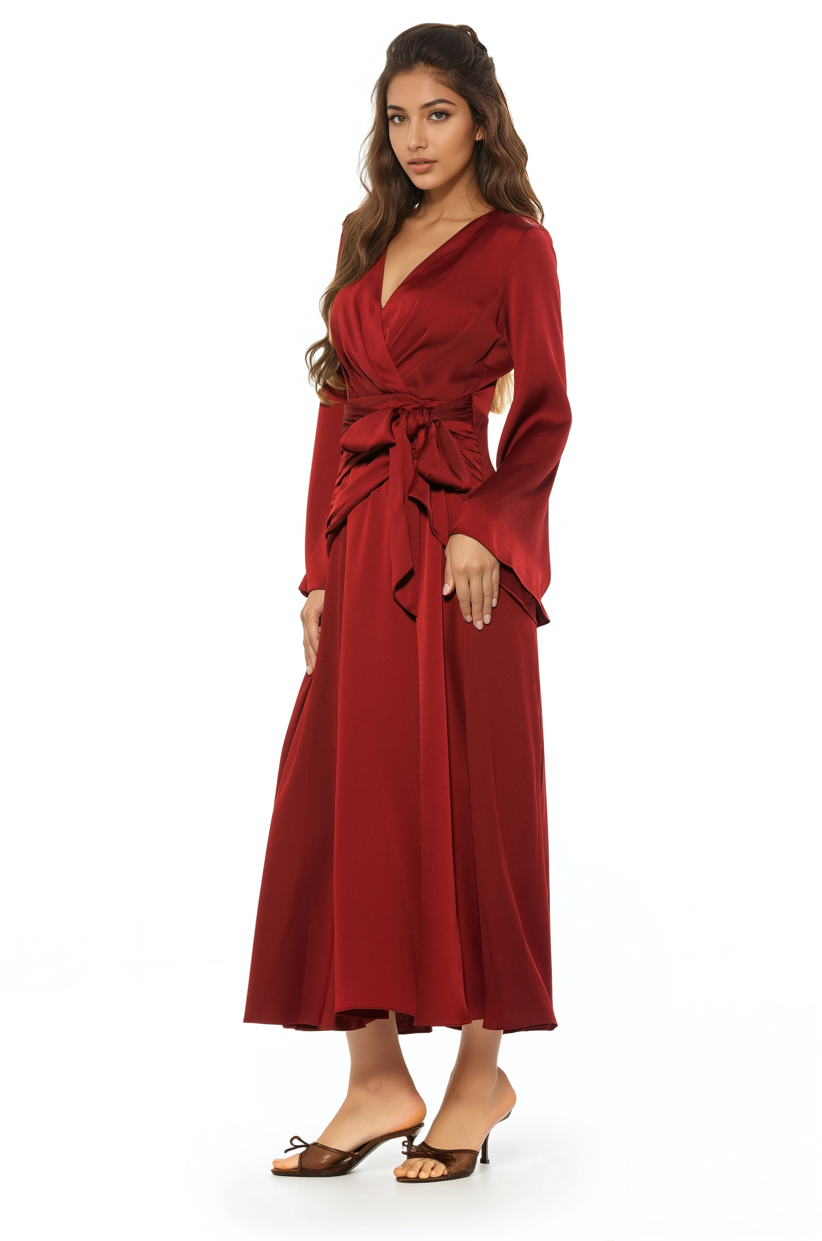 Side view burgundy maxi wrap dress, v-neck and flared sleeves.