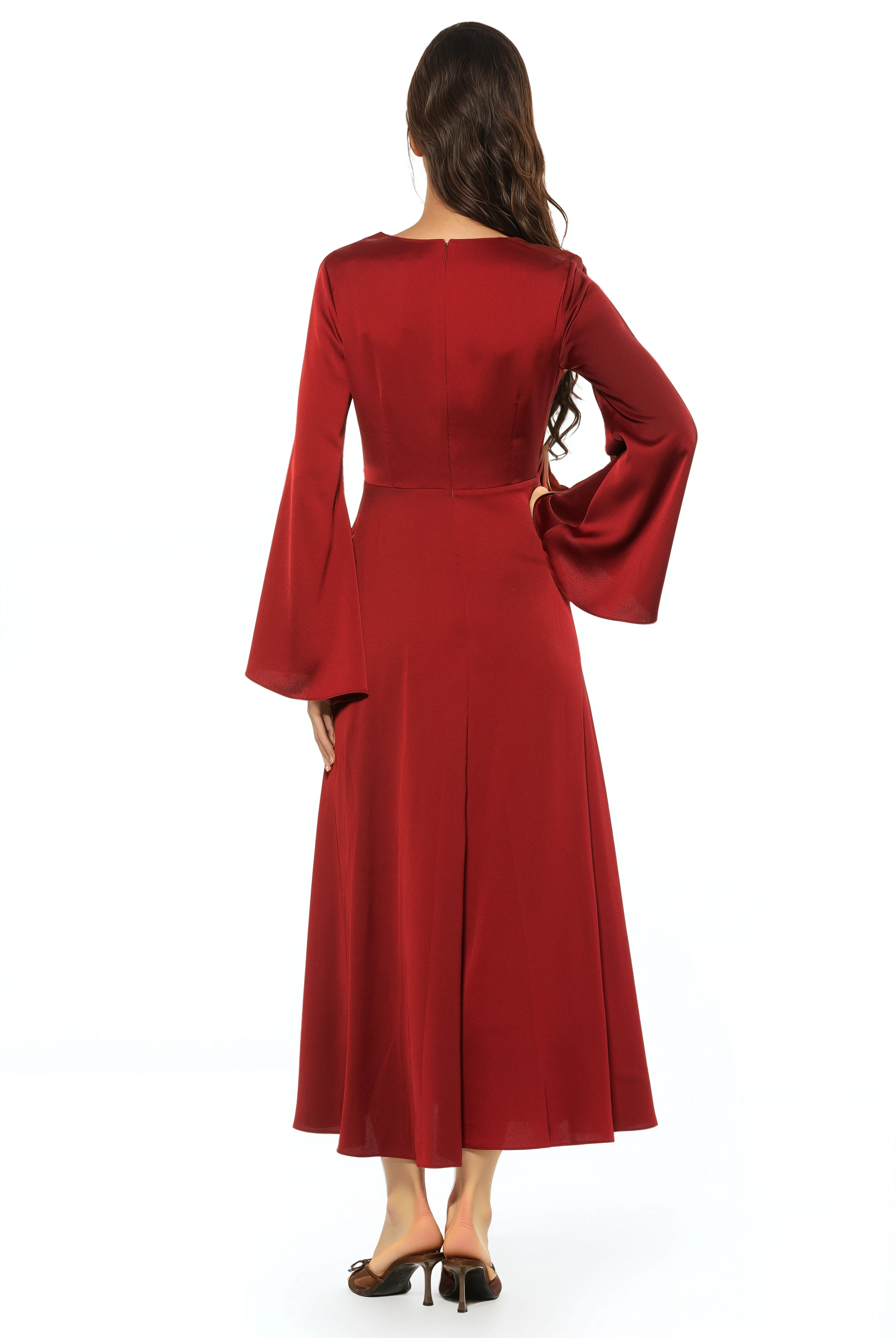 Back view burgundy maxi wrap dress, v-neck and flared sleeves.