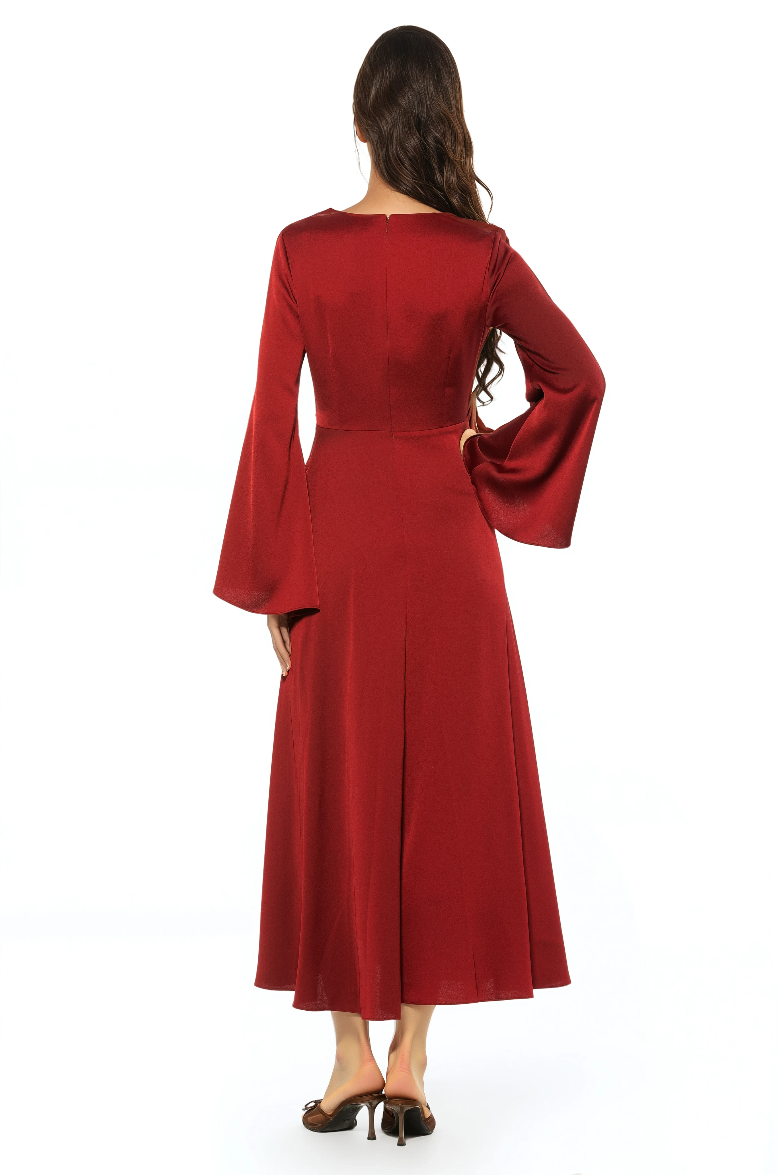 Back view burgundy maxi wrap dress, v-neck and flared sleeves.