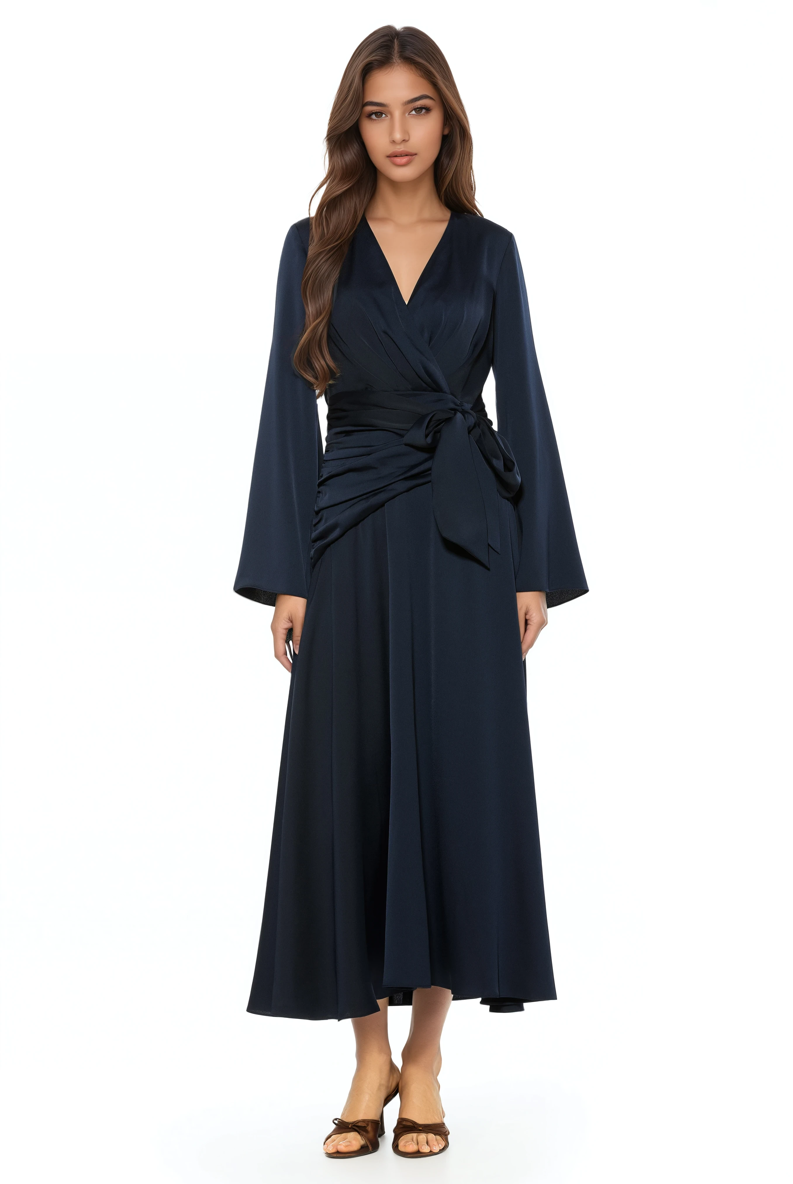 Front view navy maxi wrap dress, v-neck and flared sleeves.