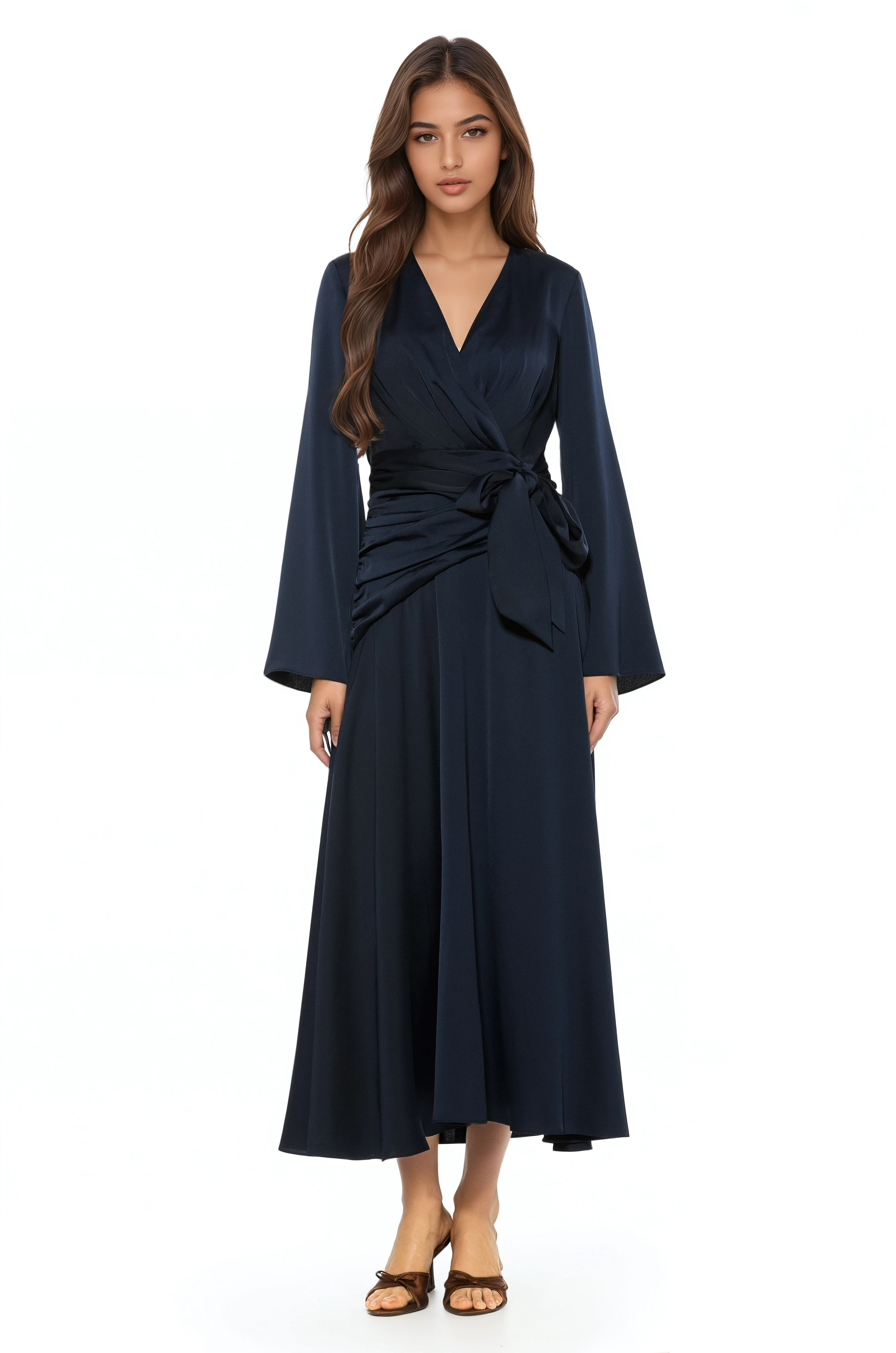 Front view navy maxi wrap dress, v-neck and flared sleeves.