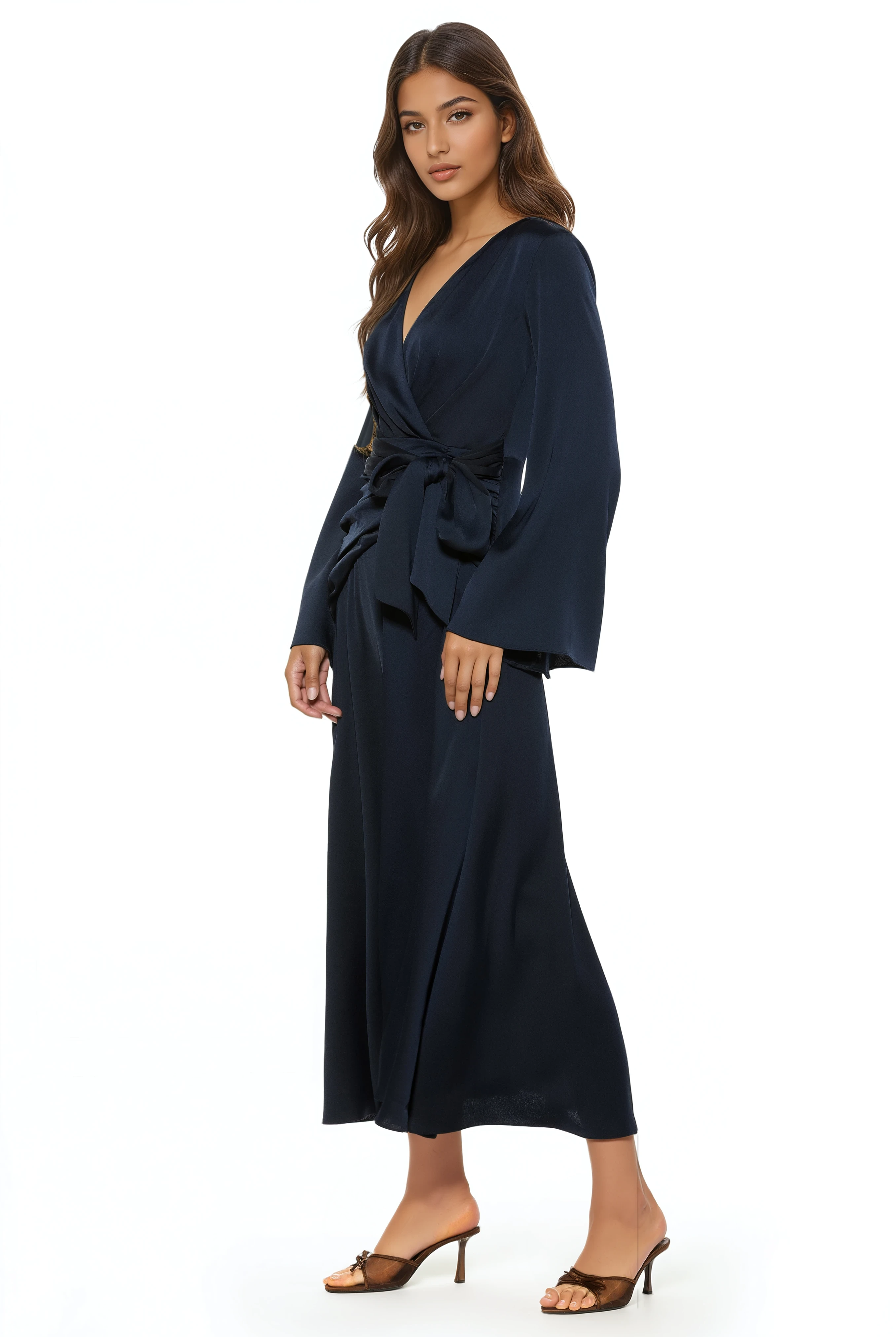 Side view navy maxi wrap dress, v-neck and flared sleeves.