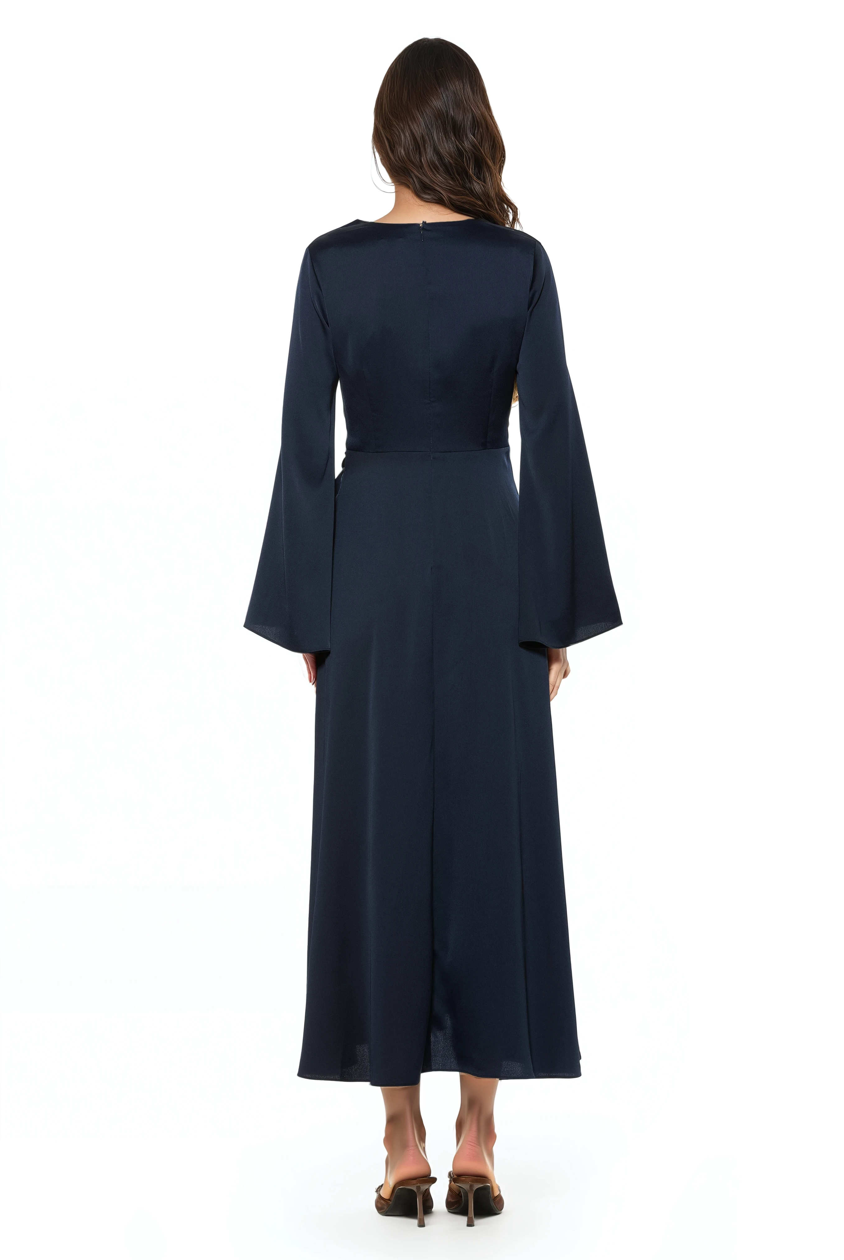 Back view navy maxi wrap dress, v-neck and flared sleeves.
