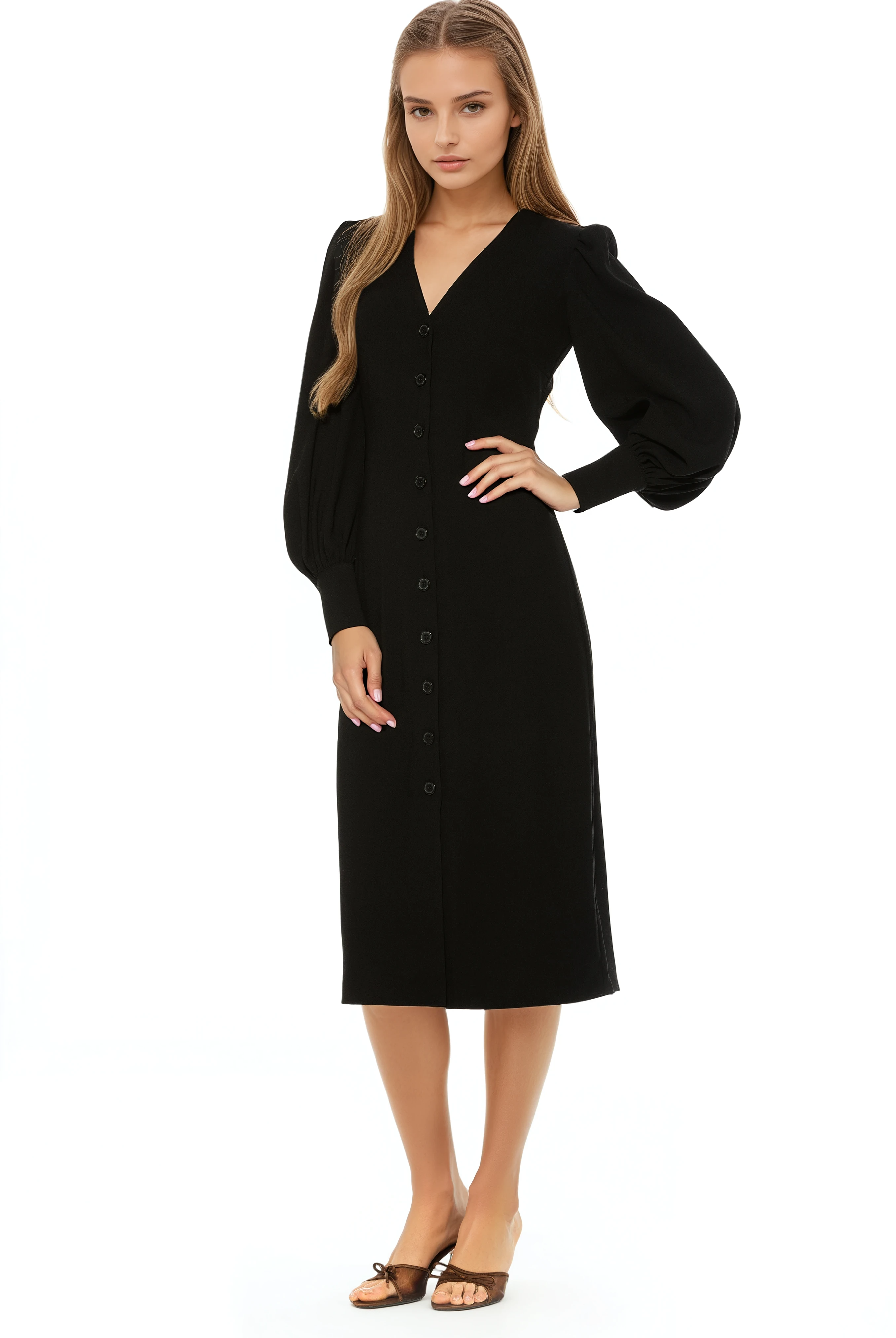 Front view black midi dress with v-neck, button front, blouson sleeves with button cuffs.