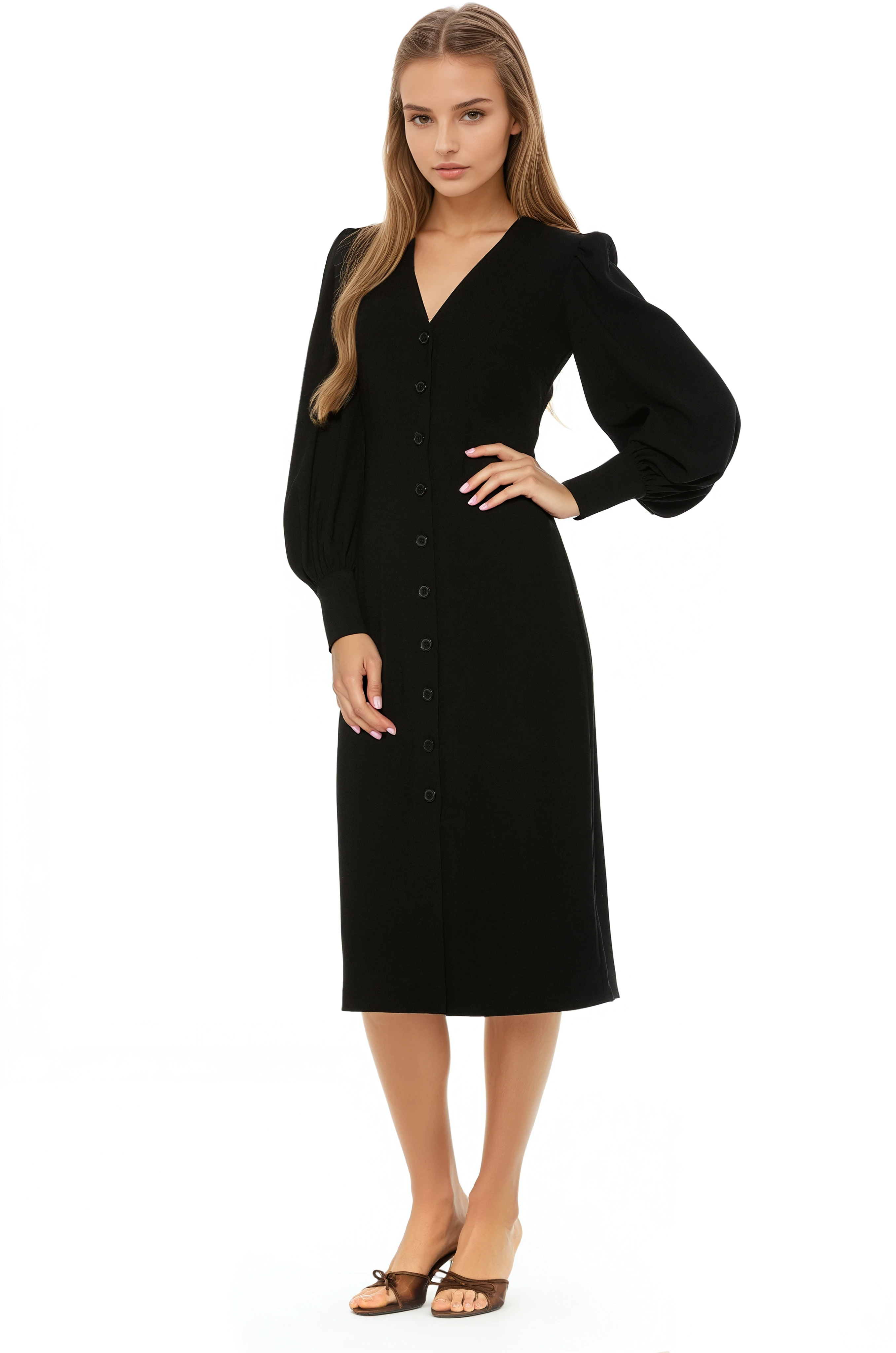 Front view black midi dress with v-neck, button front, blouson sleeves with button cuffs.
