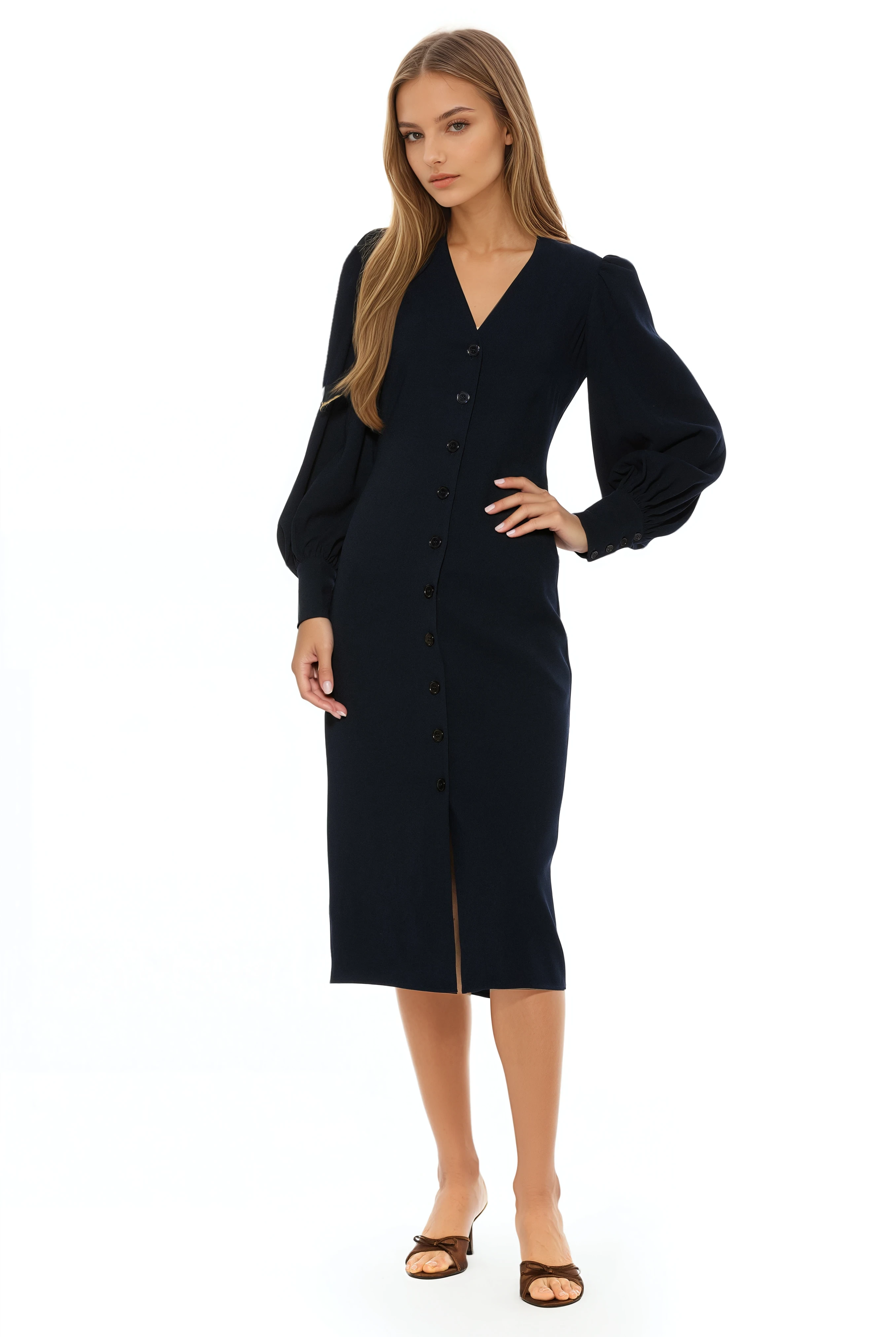 Front view navy midi dress with v-neck, button front, blouson sleeves with button cuffs.