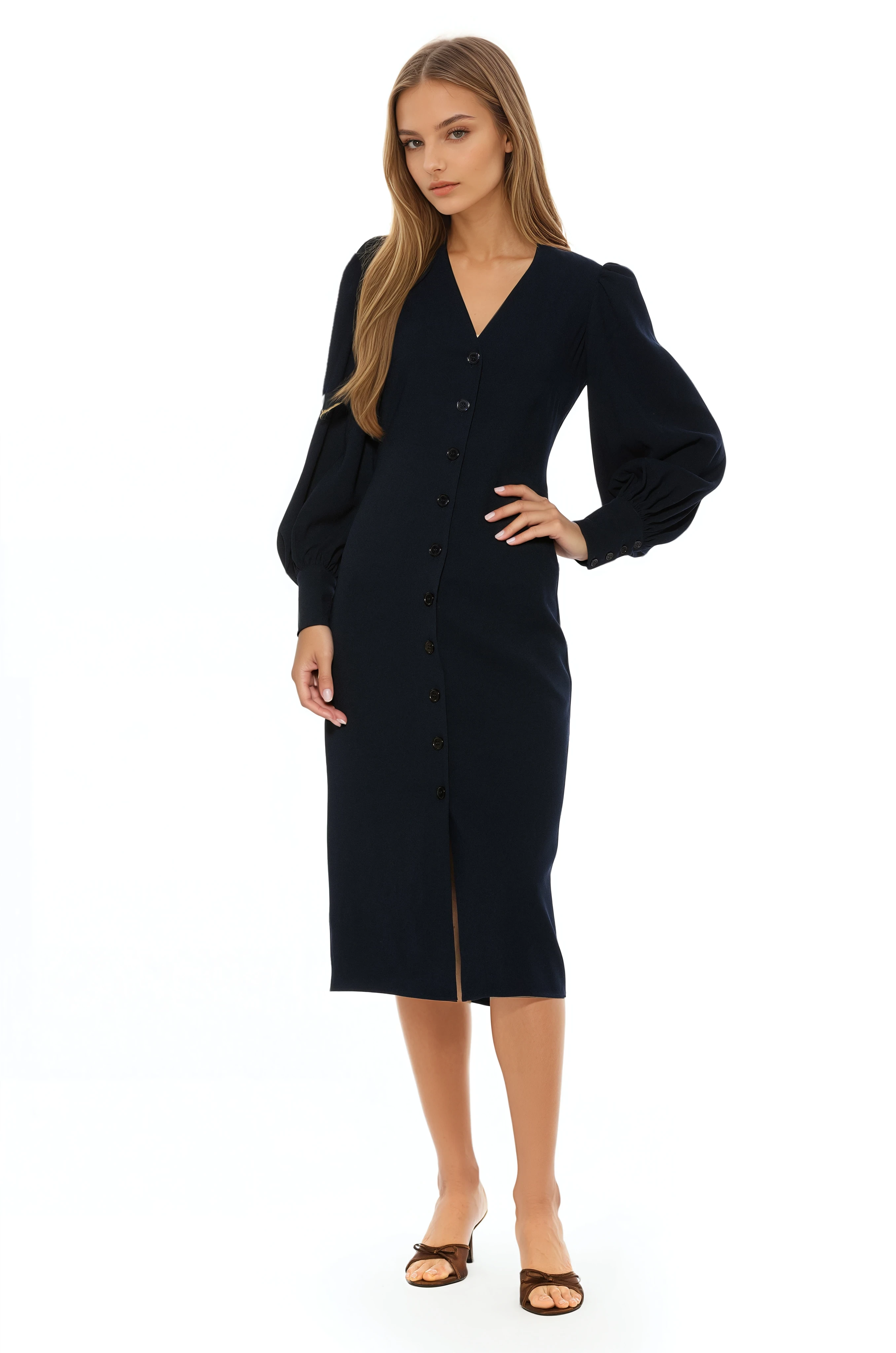 Front view navy midi dress with v-neck, button front, blouson sleeves with button cuffs.
