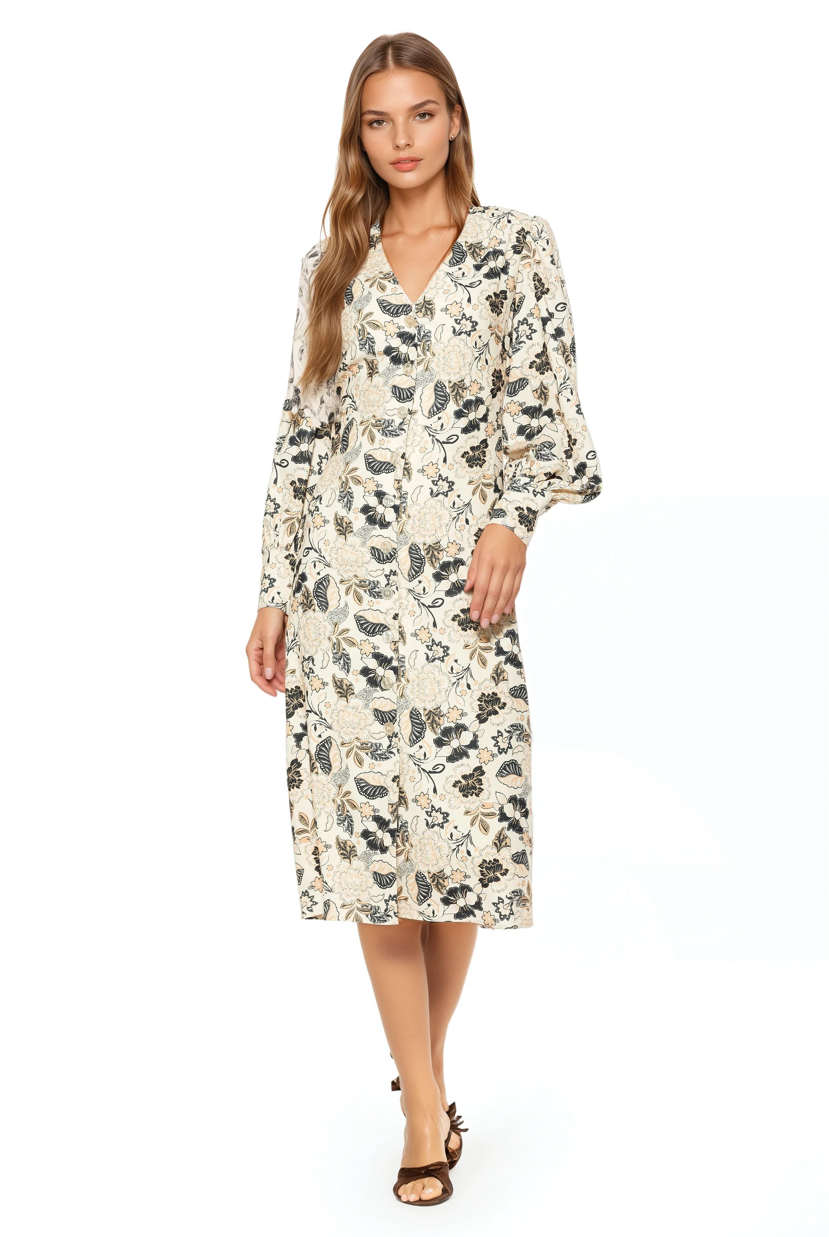 Front view ivory paisley print midi dress with v-neck, button front, blouson sleeves with button cuffs.