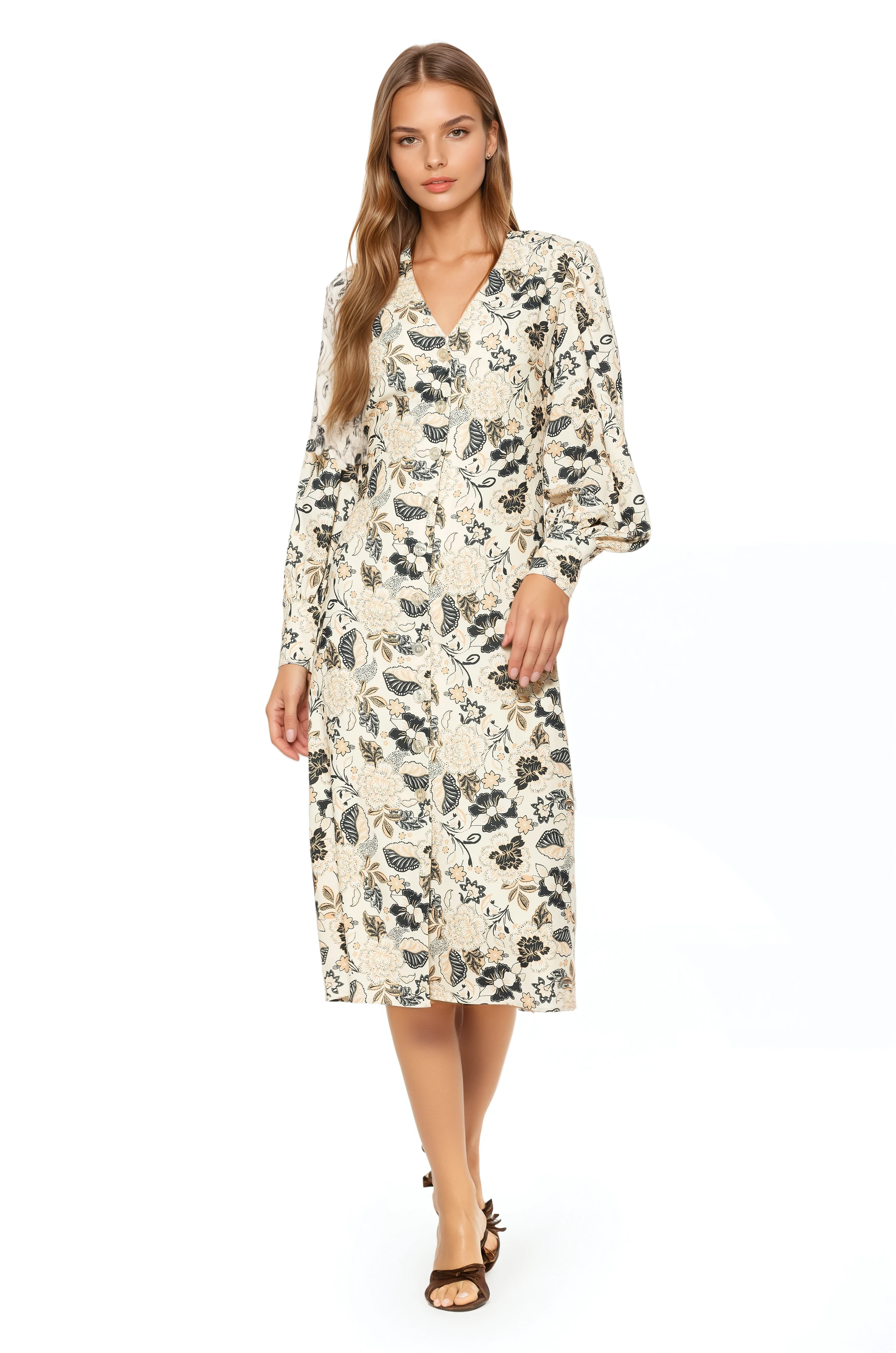 Front view ivory paisley print midi dress with v-neck, button front, blouson sleeves with button cuffs.