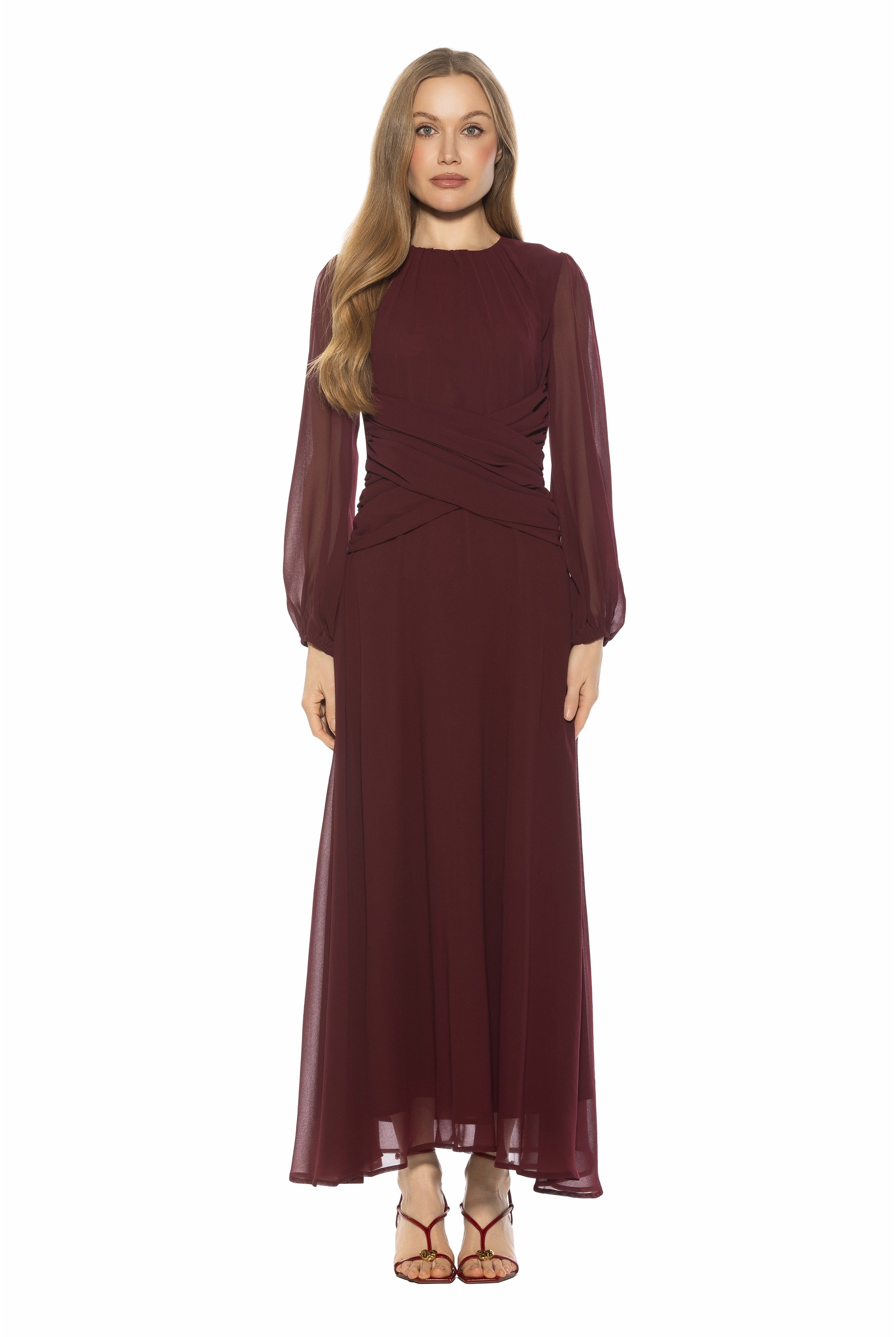 Front view burgundy long sleeve maxi dress.