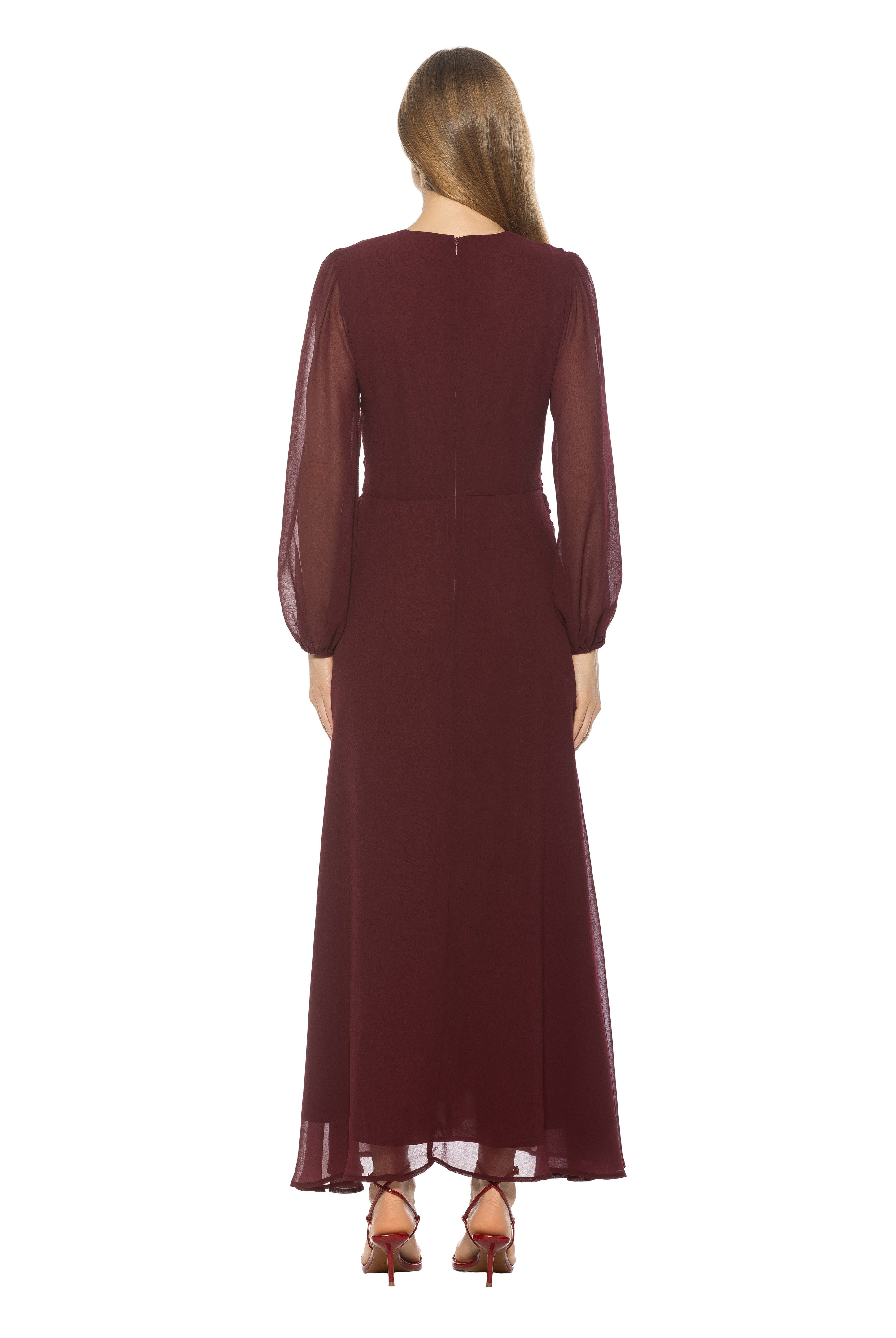 Back view burgundy long sleeve maxi dress.