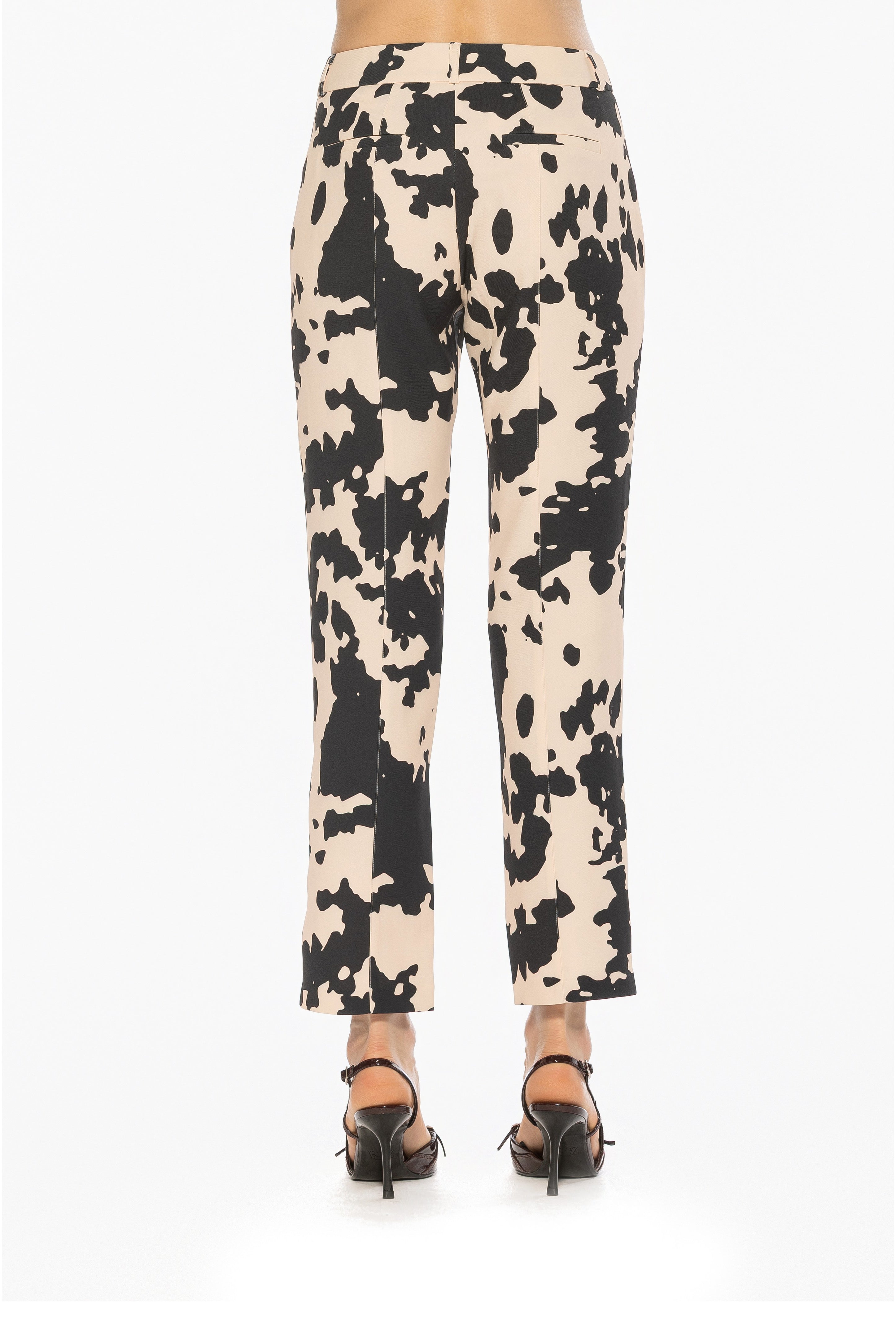 Back view cow print slim fit pant, welt pockets.