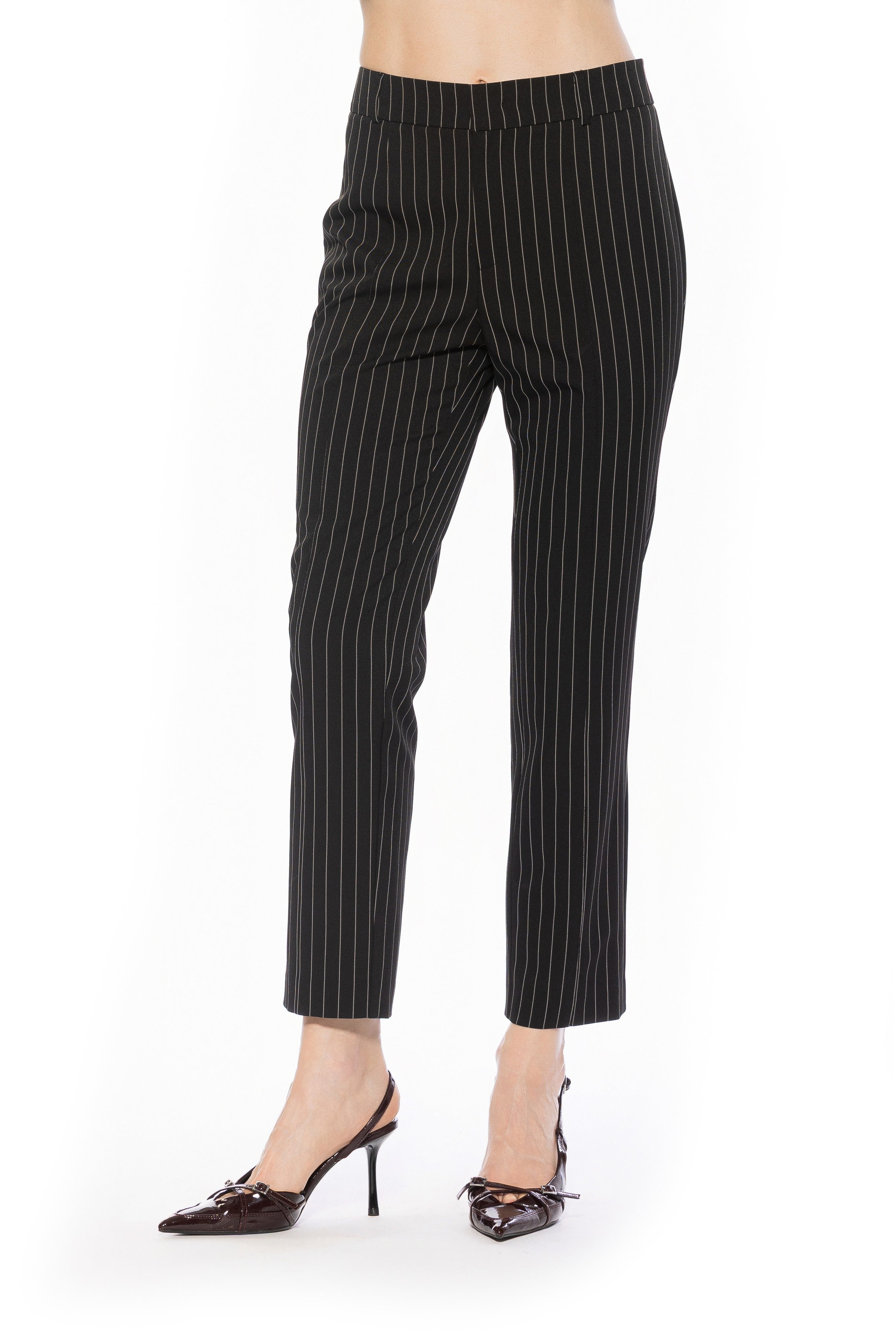 Front view black pinstripe slim fit pant no pockets, no fly.