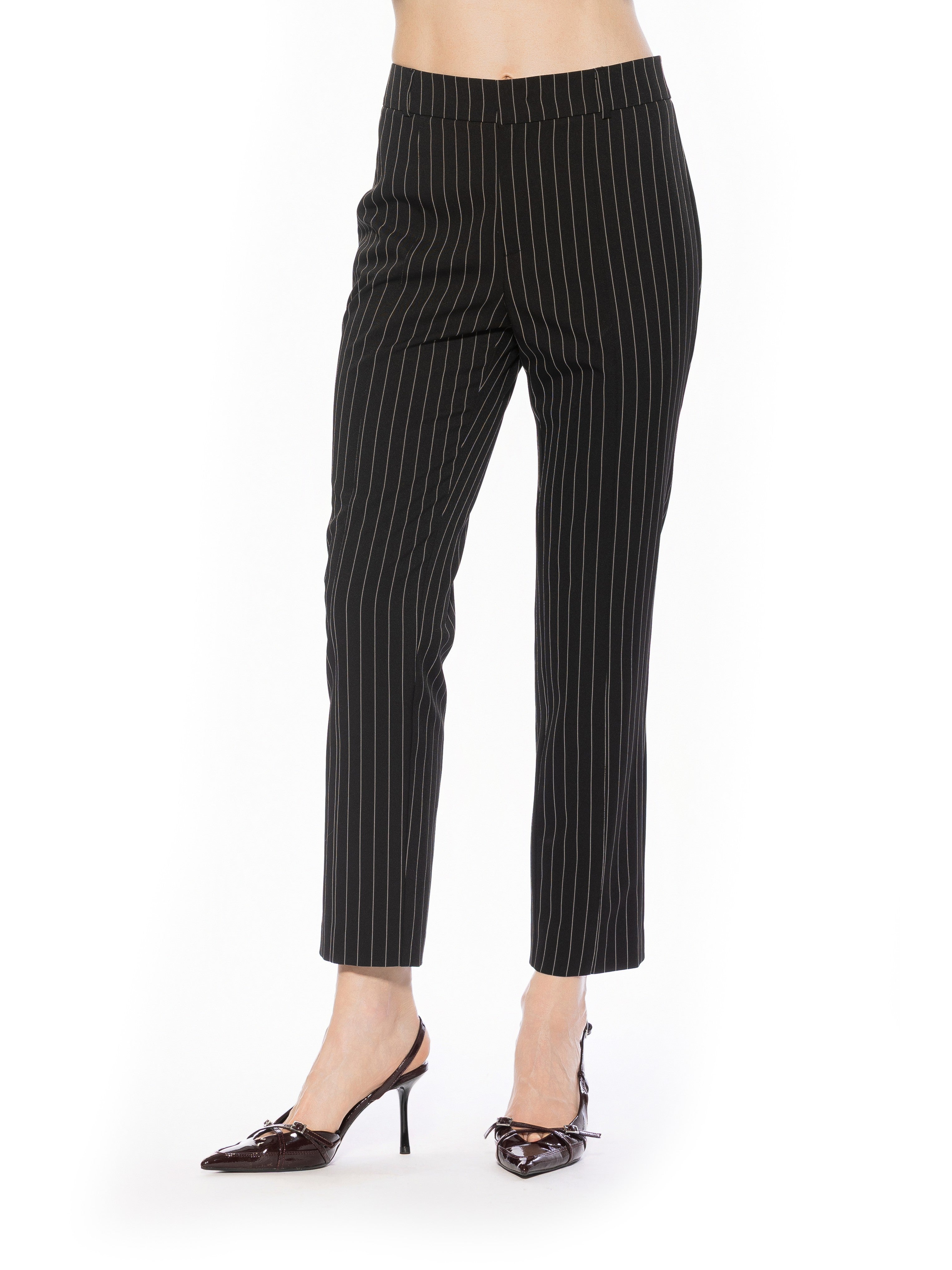 Front view black pinstripe slim fit pant no pockets, no fly.