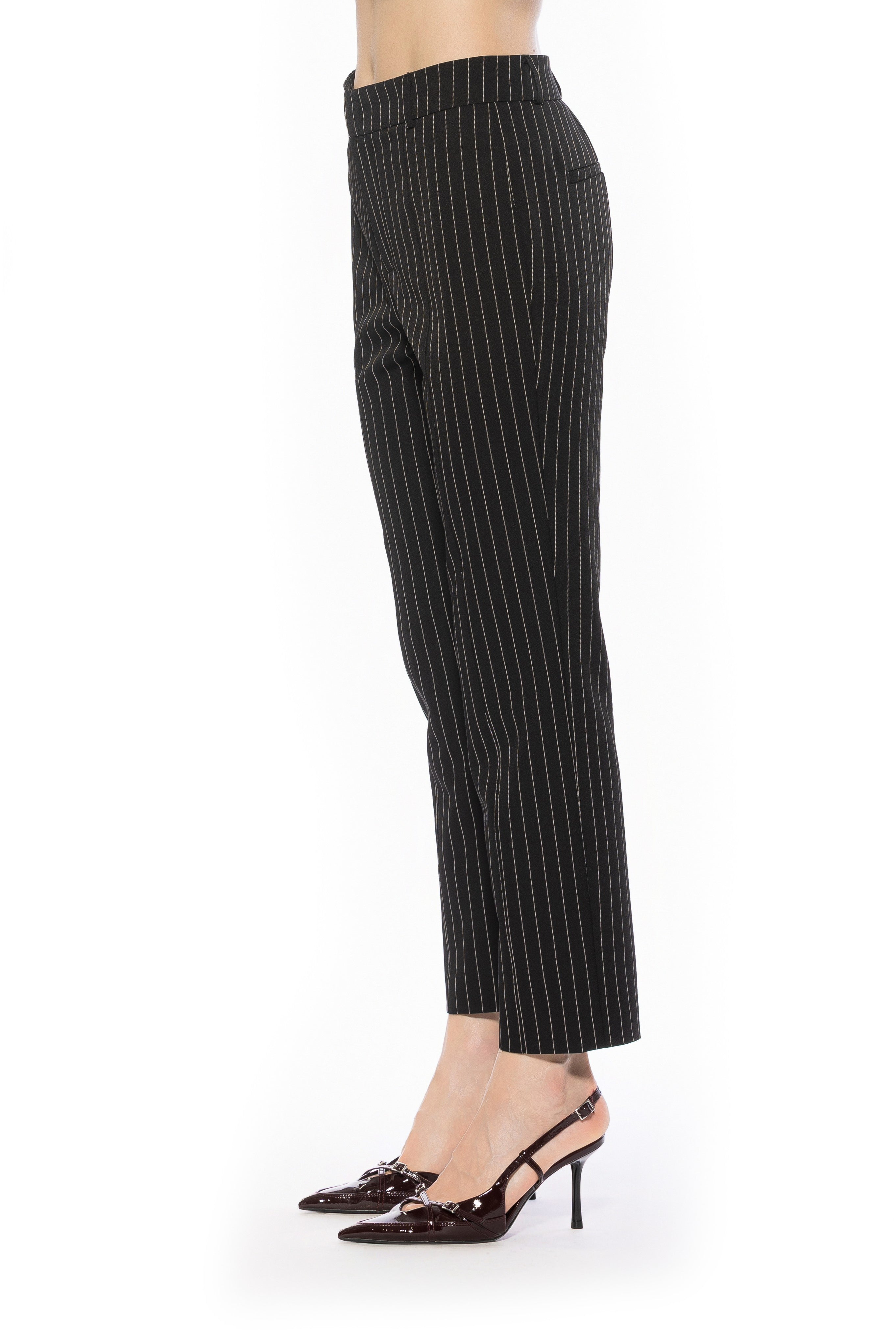 Side view black pinstripe slim fit pant no pockets, no fly.