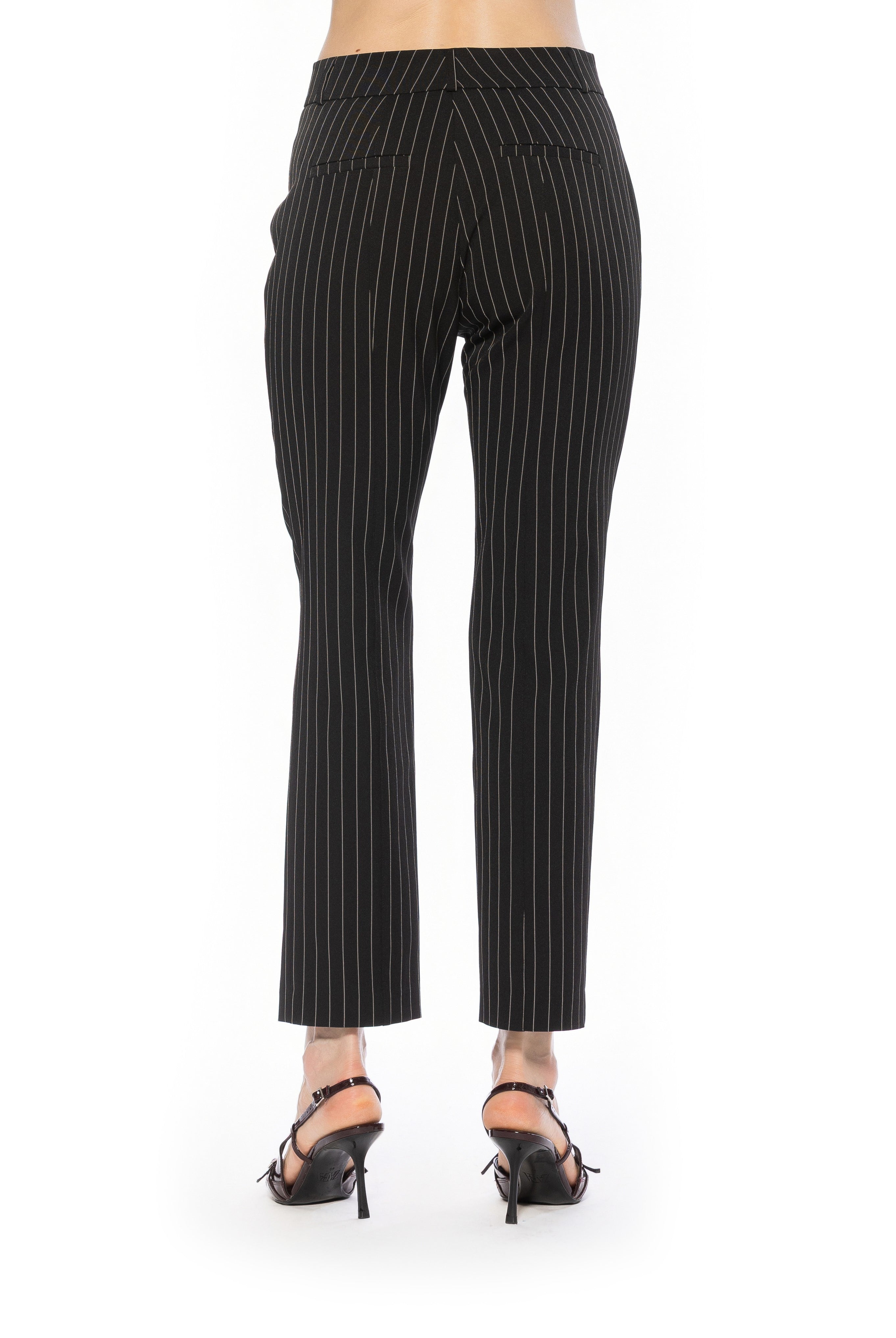 Back view black pinstripe slim fit pant back welt pockets.