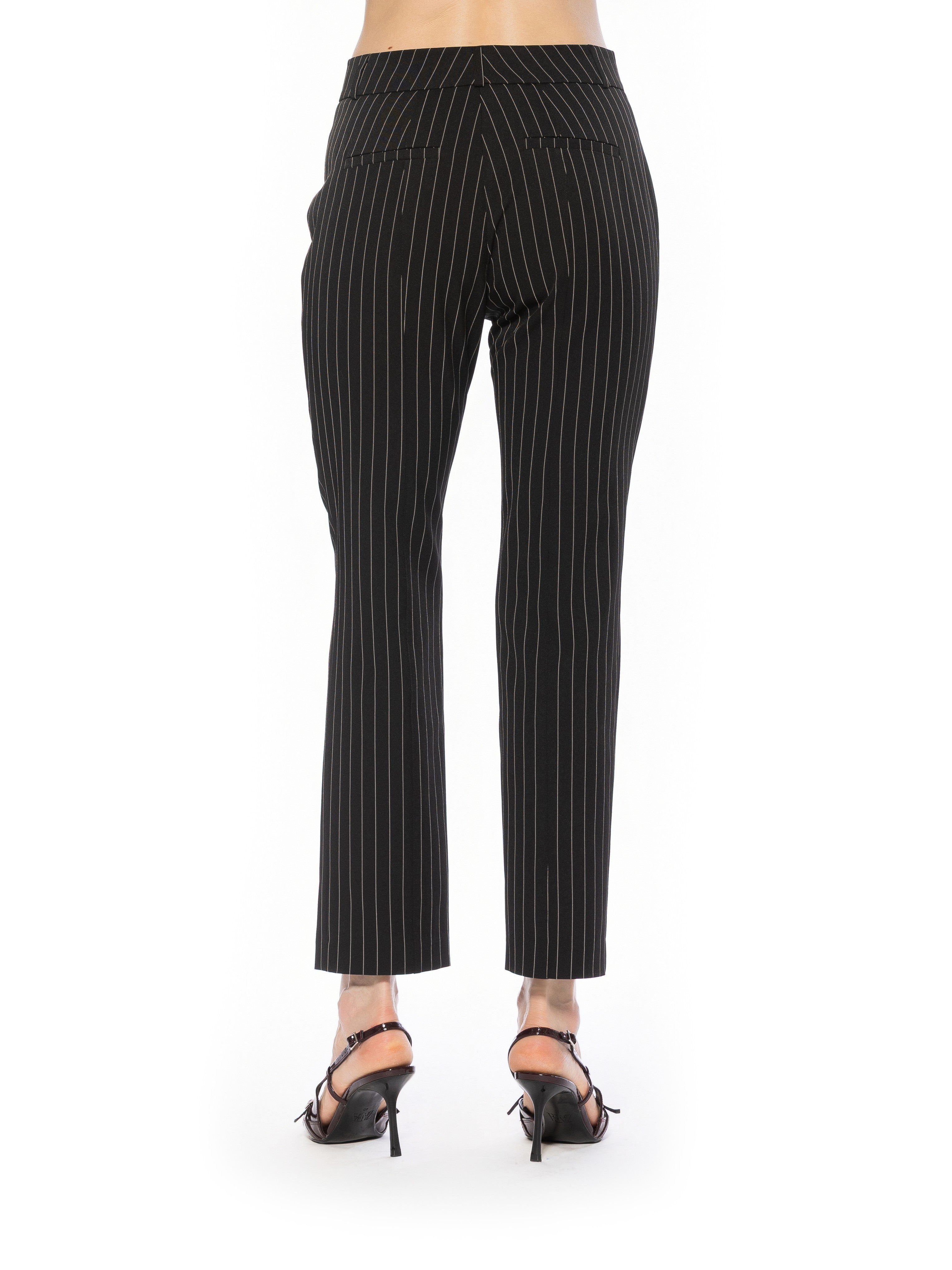 Back view black pinstripe slim fit pant back welt pockets.