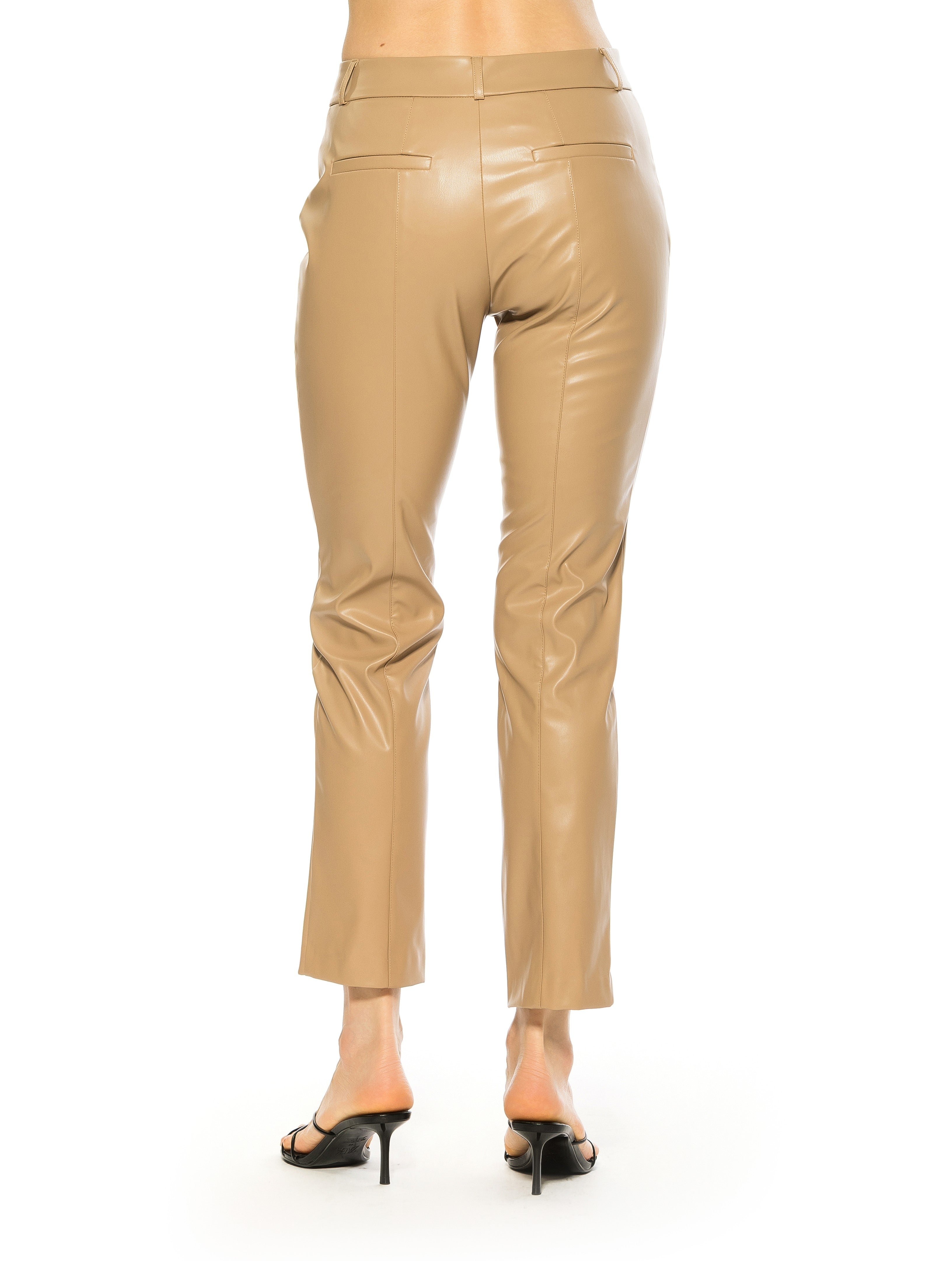 Back view beige vegan leather trouser pant, ankle length, flat front, back welt pockets.