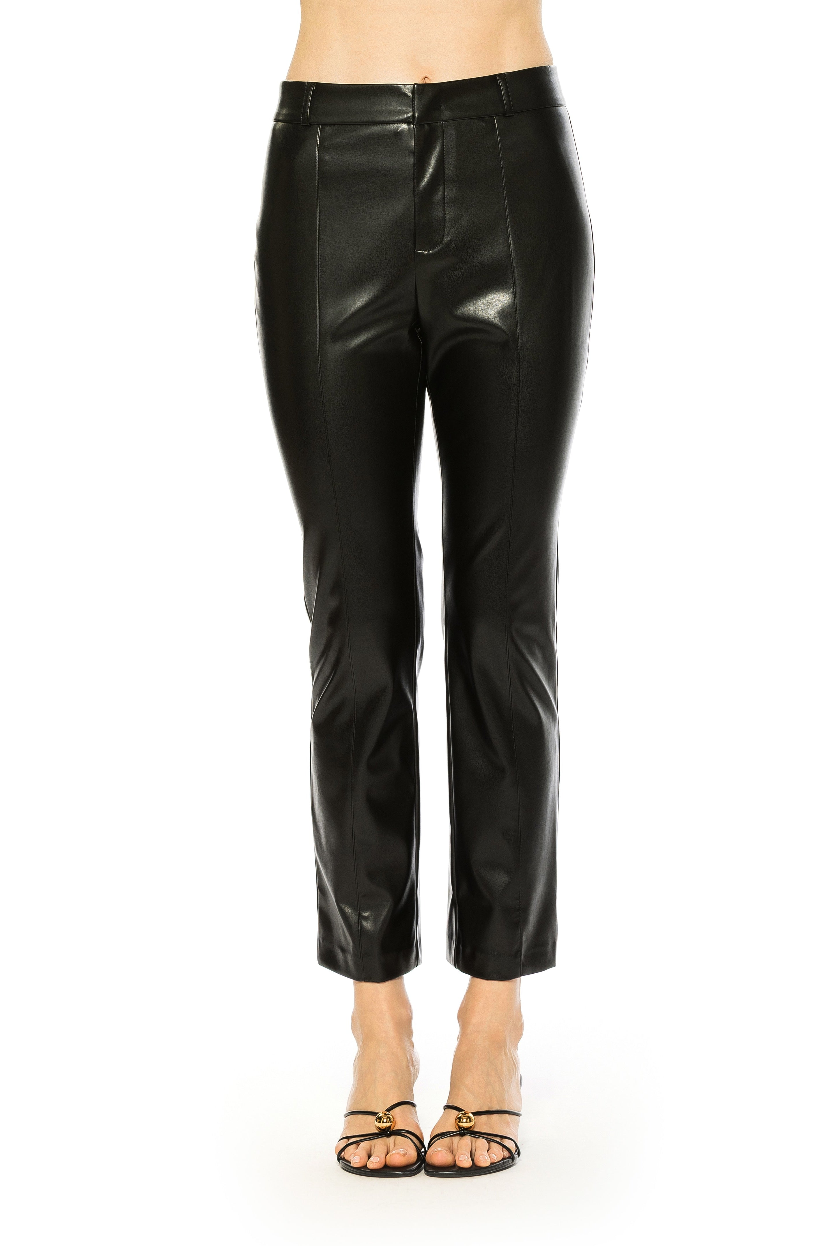 Front view black vegan leather trouser pant, ankle length, flat front.