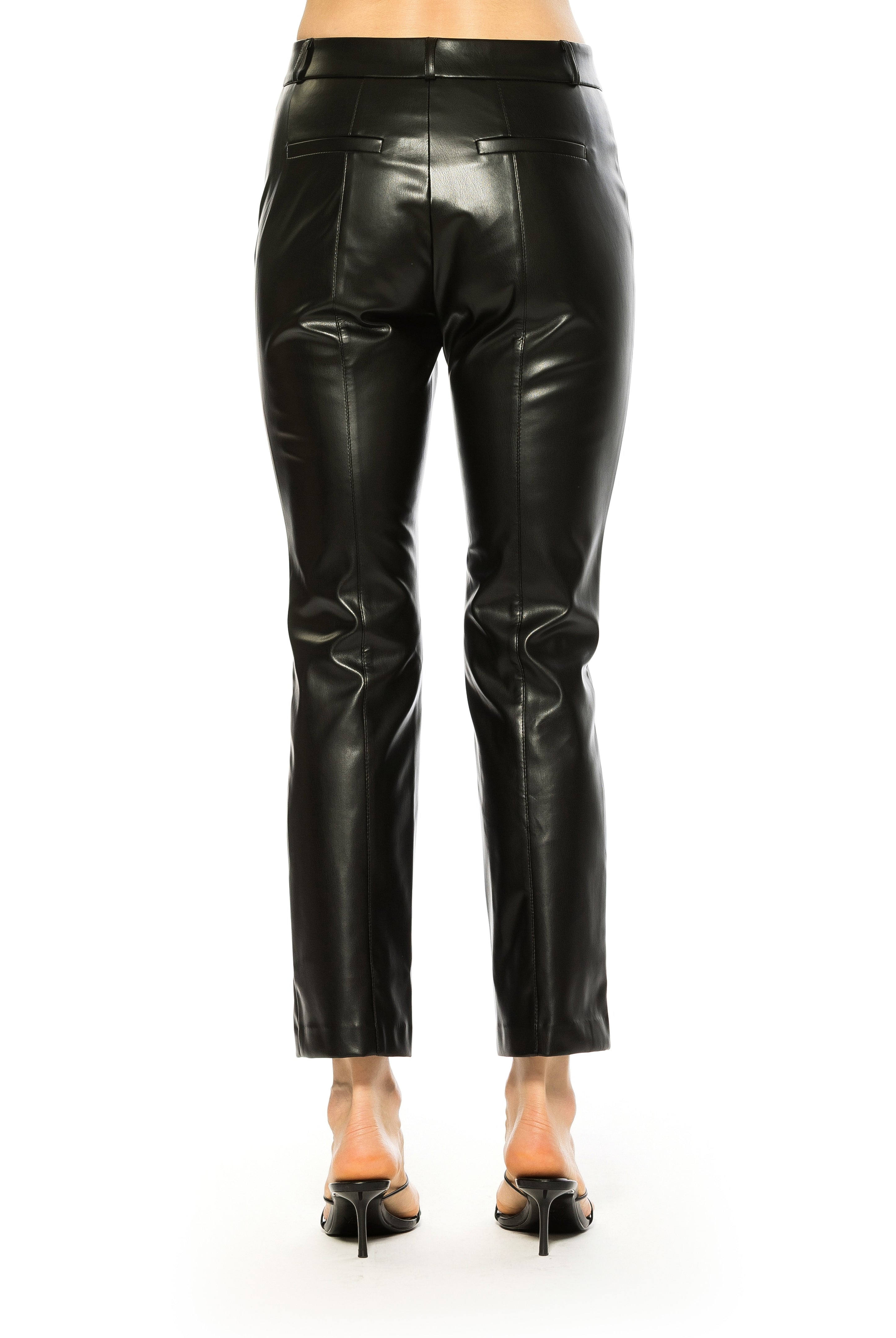 Back view black vegan leather trouser pant, ankle length, flat front, back welt pockets.