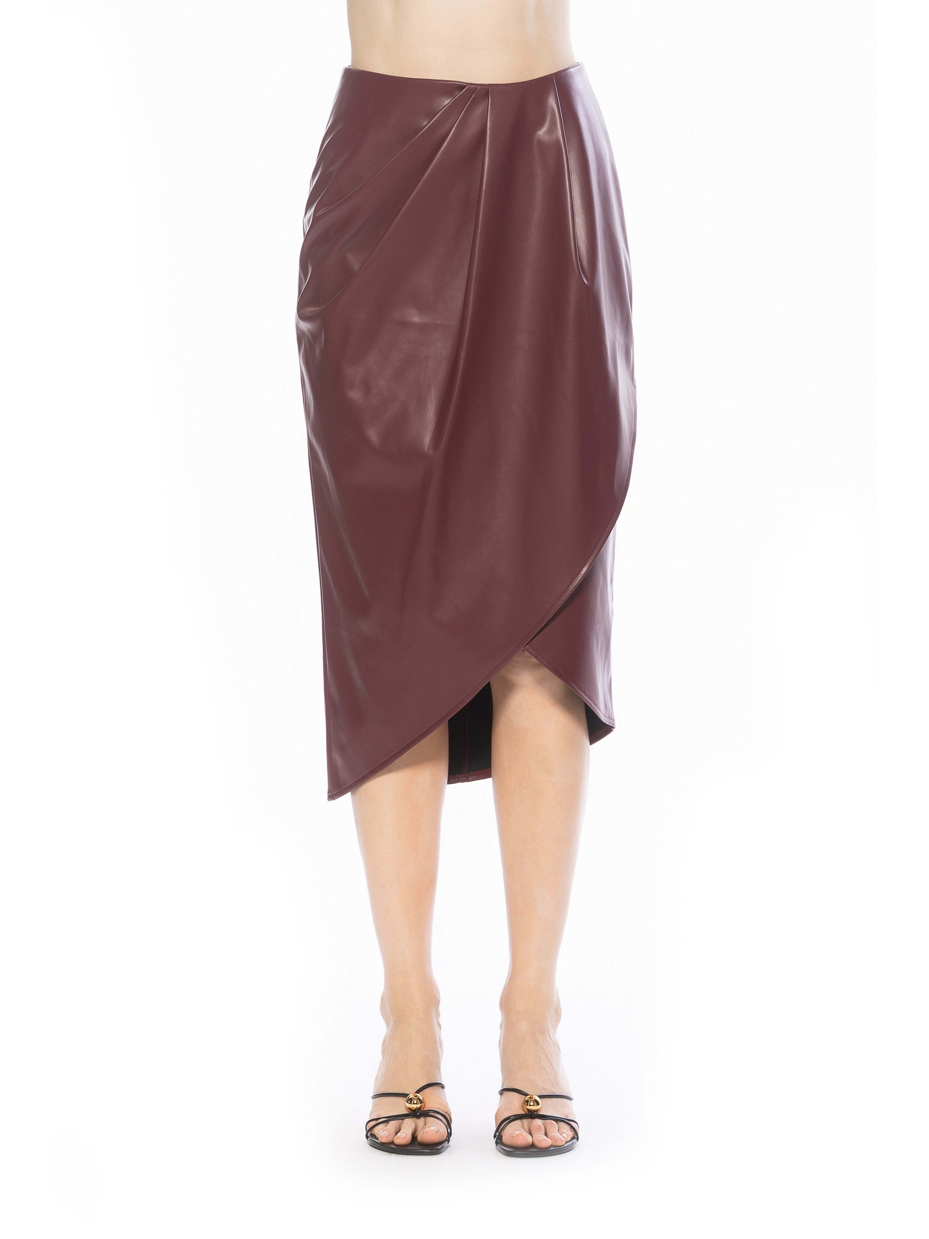 Front view burgundy midi skirt mock wrap front, soft drape.