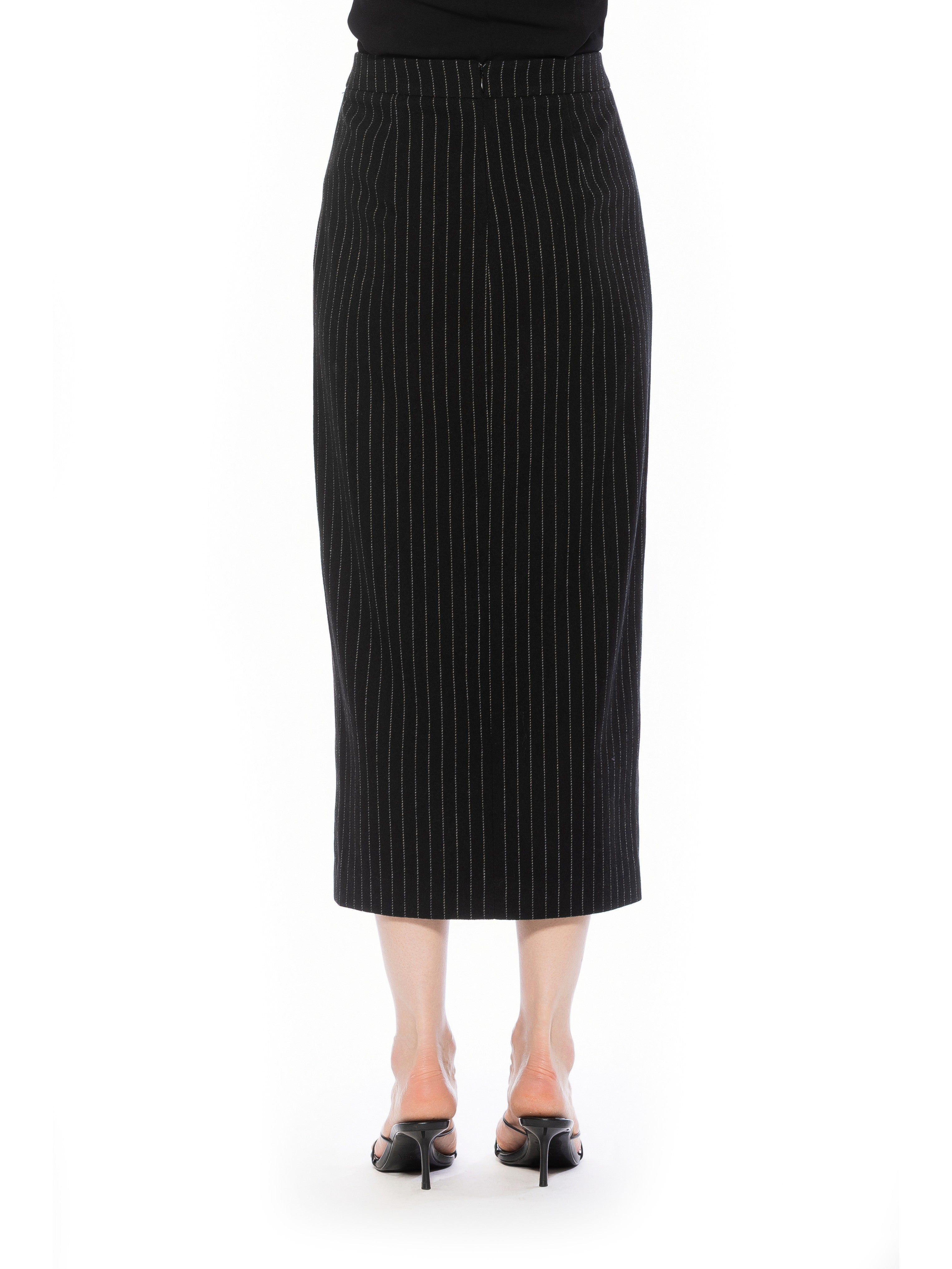 Front view black pinstripe midi straight skirt with back zip.