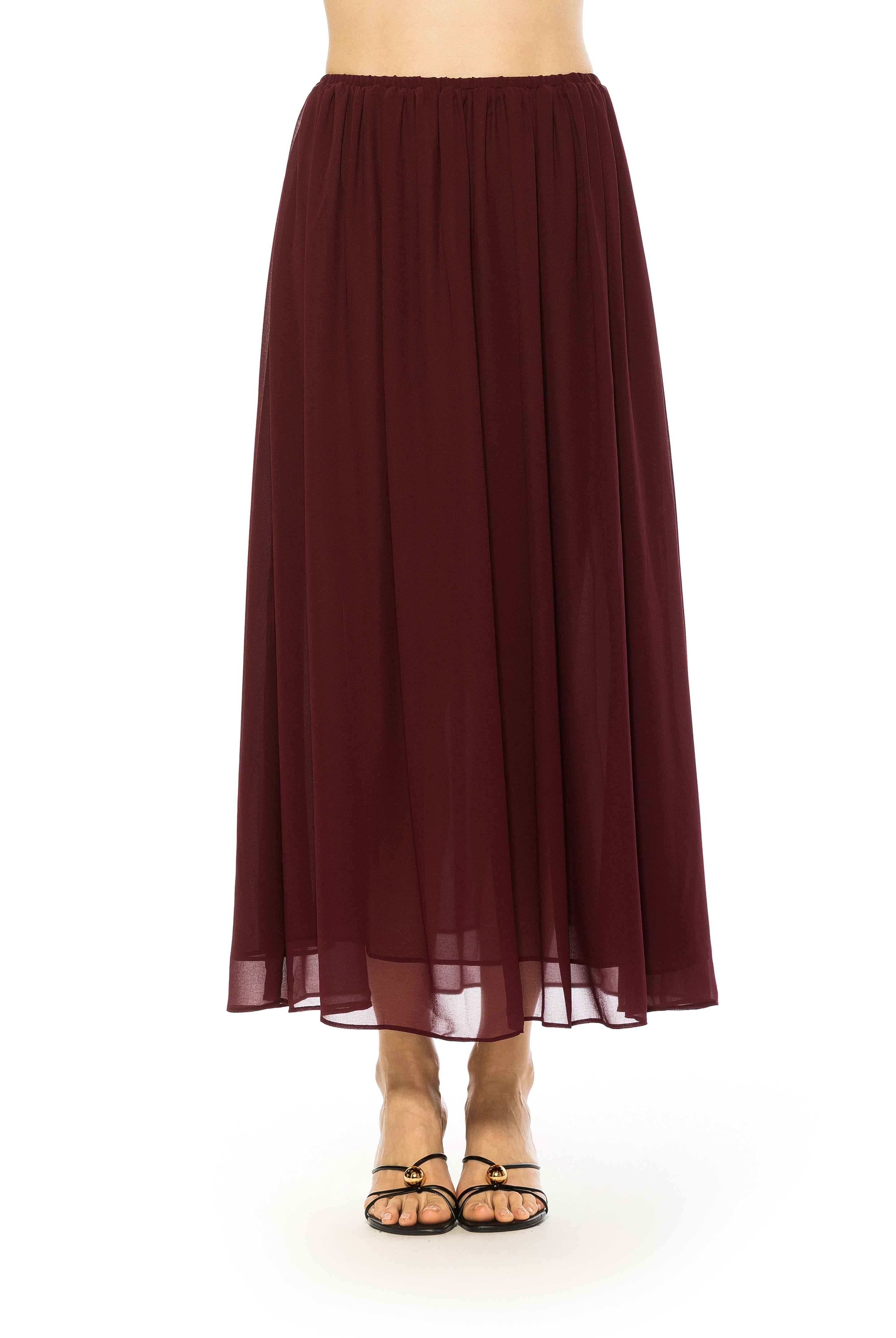 Front view burgundy max skirt elastic waist.
