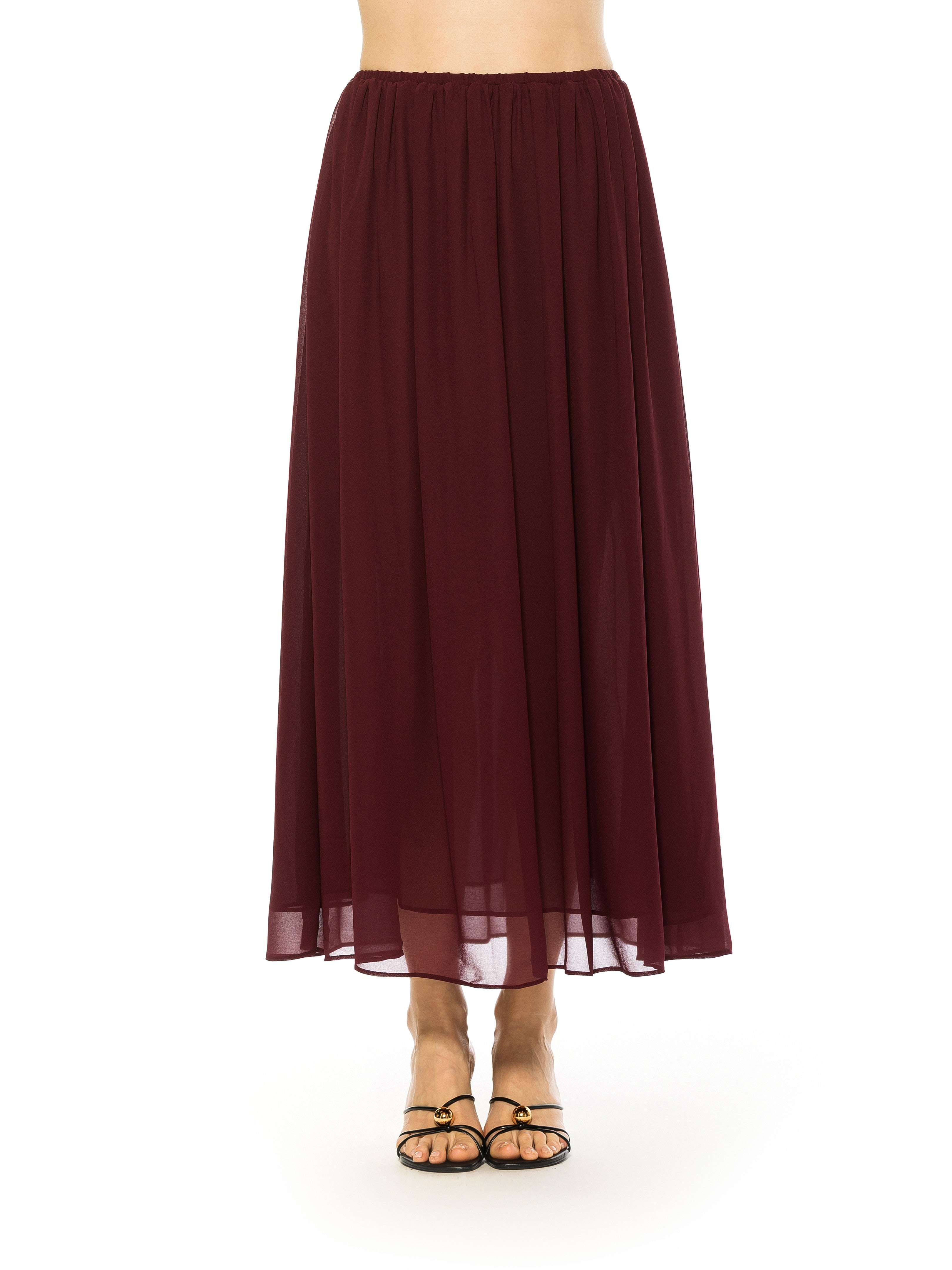 Front view burgundy max skirt elastic waist.
