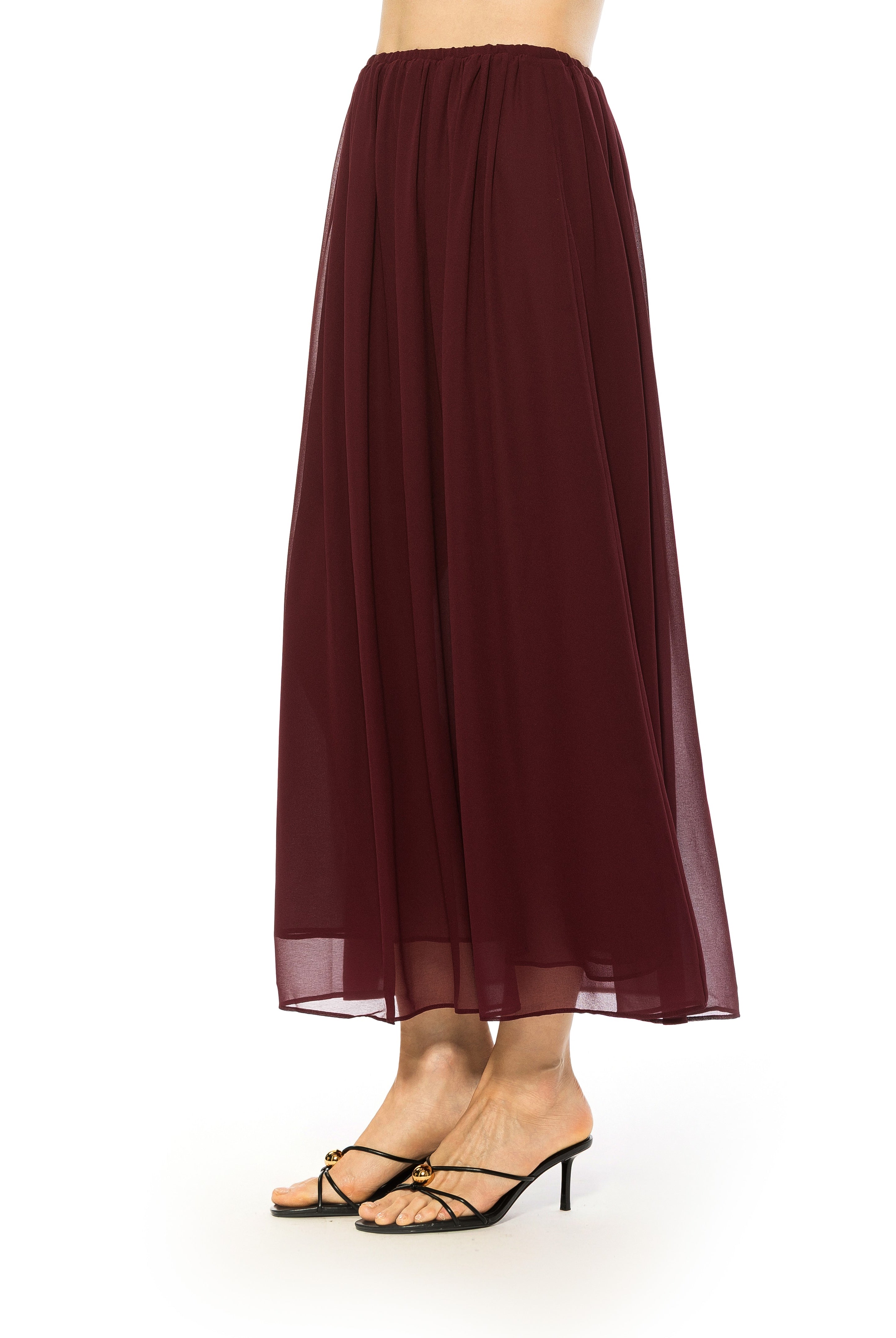 Side view burgundy max skirt elastic waist.
