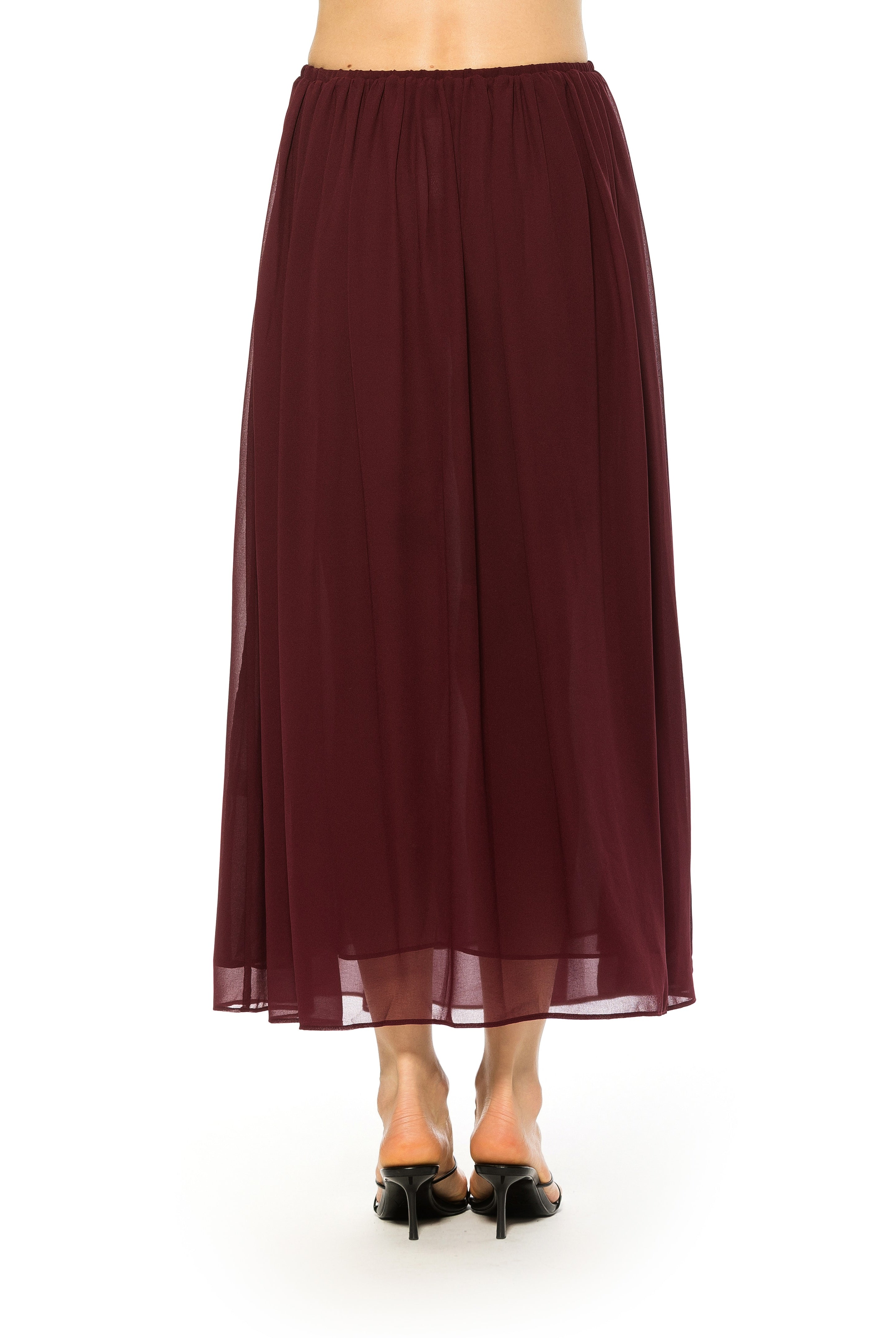 Back view burgundy max skirt elastic waist.