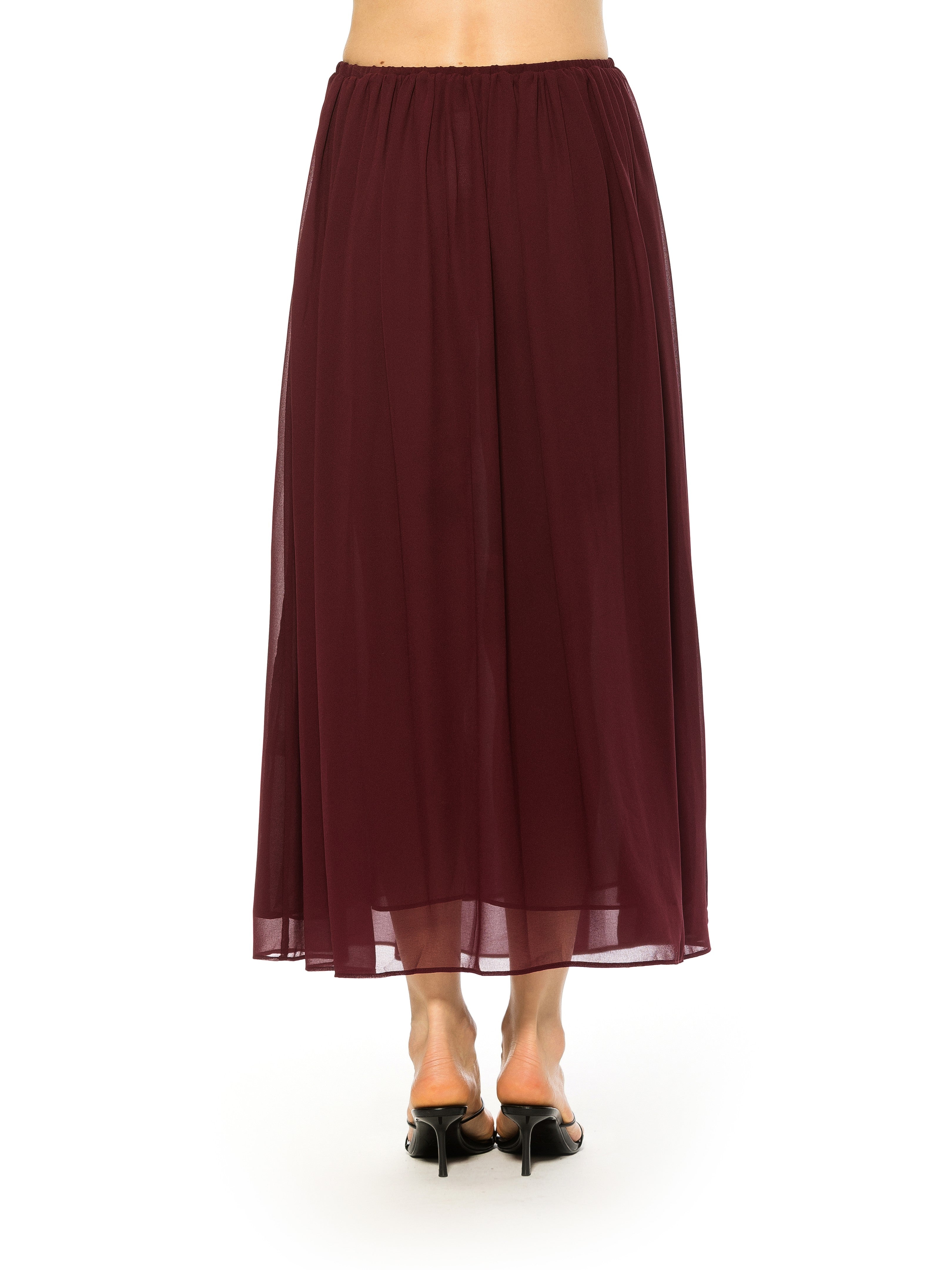 Back view burgundy max skirt elastic waist.